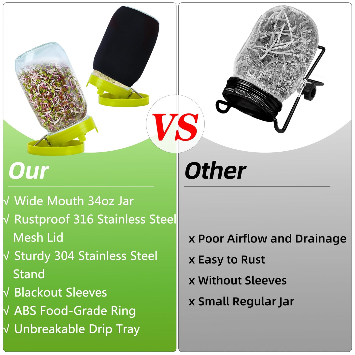 Sozize Sprouting Kit Sprouts Growing Kit 34oz Wide Mouth Seed Sprouting Jar Germination Kit 304 Stainless Screen Lid and Stand Blackout Sleeve Tray for Growing Bean Alfalfa Sprout Seeds