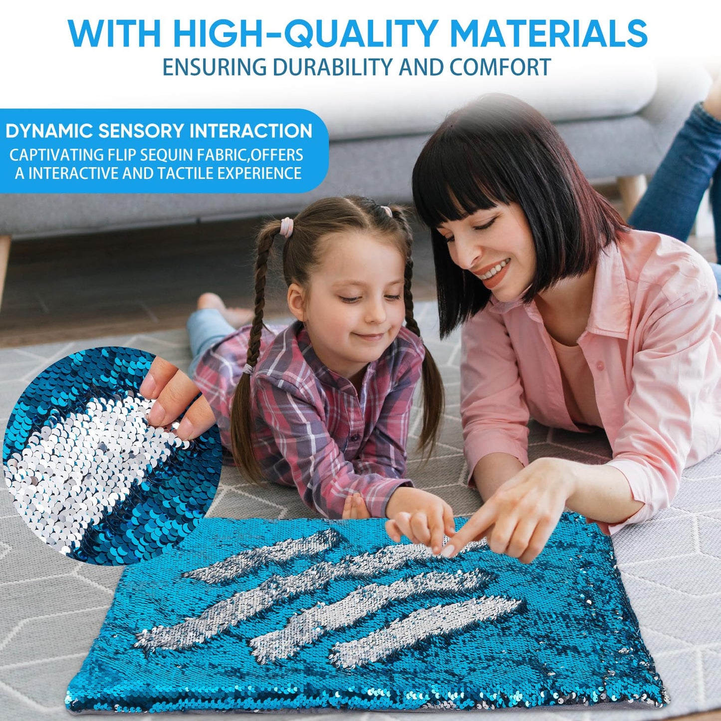 Hugsmiling Weighted Lap Pad, 5lbs 18" x 22", Weighted Lap Blanket for Kids and adults, Easy to Maneuver Sequins, Good Gift for Kids, Teens and Adults (Blue and Silver)
