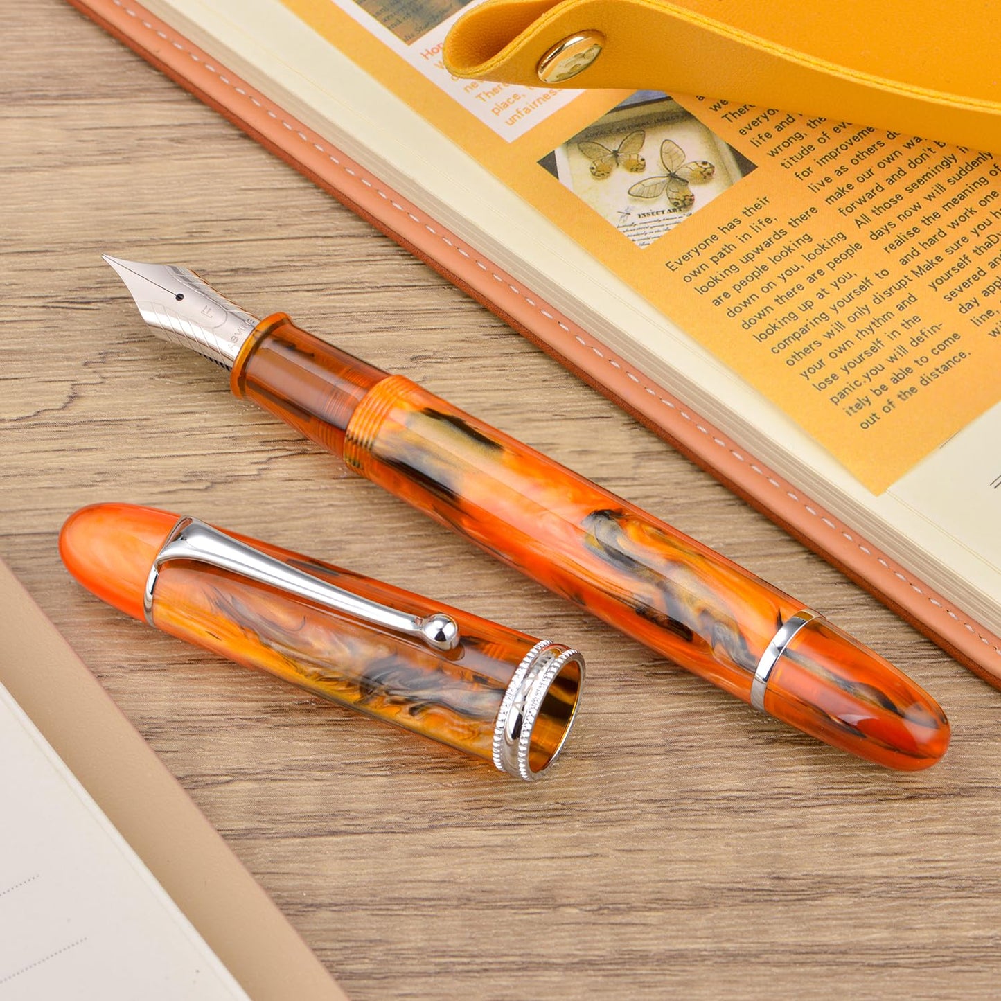 Asvine V800 Fountain Pen, Vacuum Filling System with Large Ink Capacity, Number 8 Nib, 1.1mm Nib, Calligraphy Art Drawing with Key, Amber