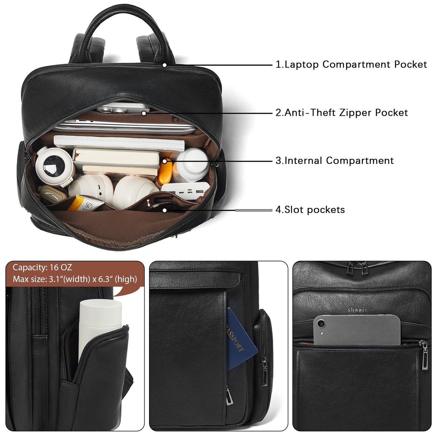 Shrrie Leather Laptop Backpack for Women with 17 inch Vegan Leather Computer Backpack Purse for Travel College Work