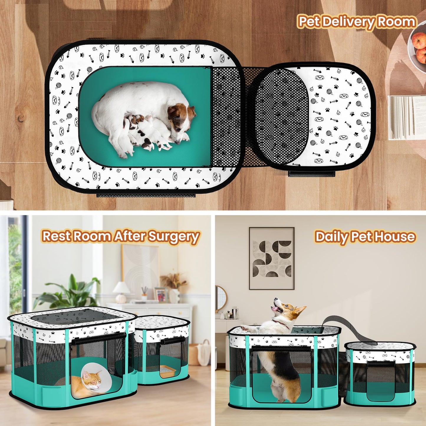 DESELL Portable Cat Playpen, 8-Rod Reinforced Kitten Dog Playpens, Foldable Play Pen for Indoor Cats Enclosed Pet Puppy Doggy Outdoor, Collapsible Tent Kennel Cage House(32"x24"x22")