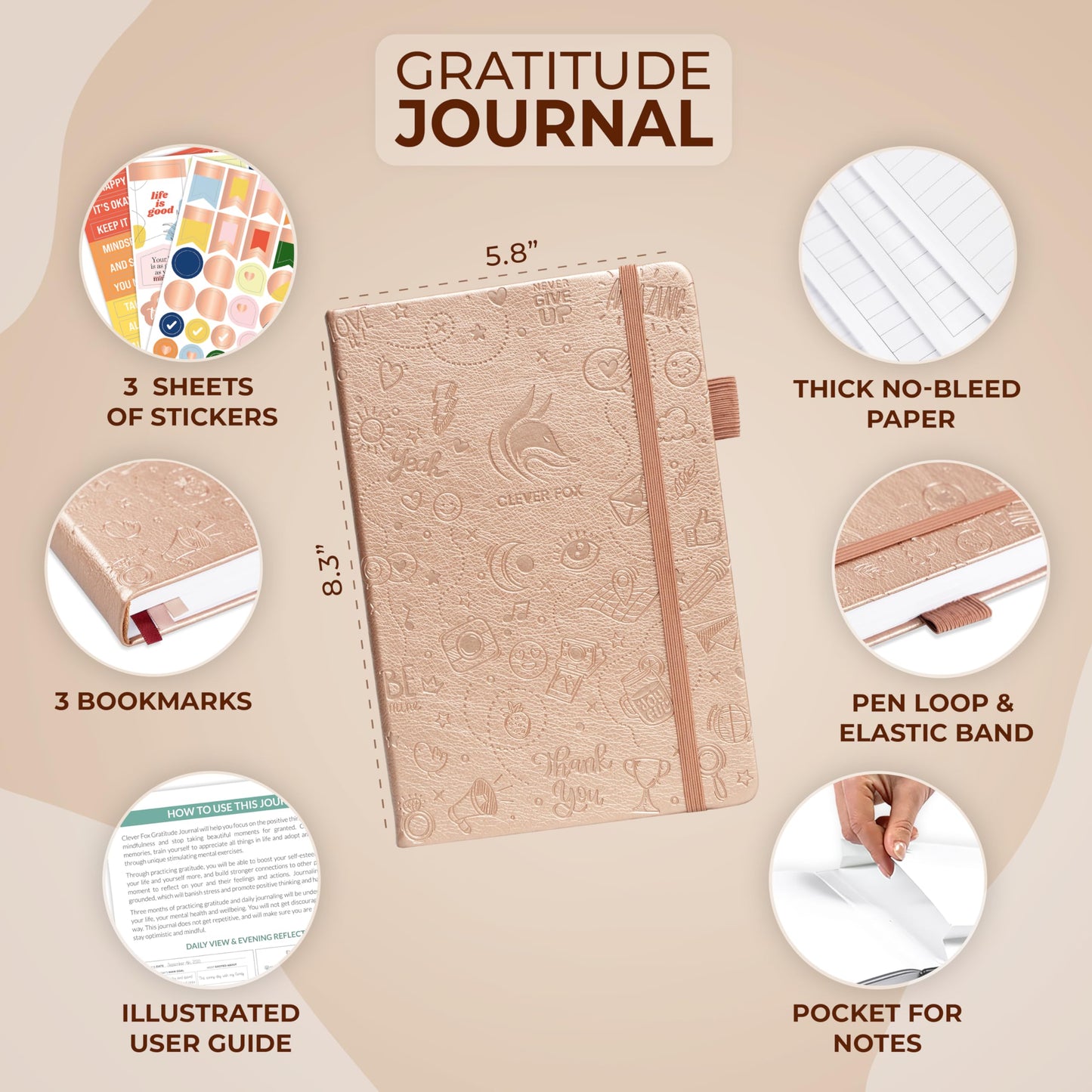 Clever Fox Gratitude Journal – Happiness, Positivity & Affirmation Daily Journal for Women & Men – Inspirational Notebook for Positive & Grateful Mind – 3 Months Undated – A5 Hardcover, Rose Gold