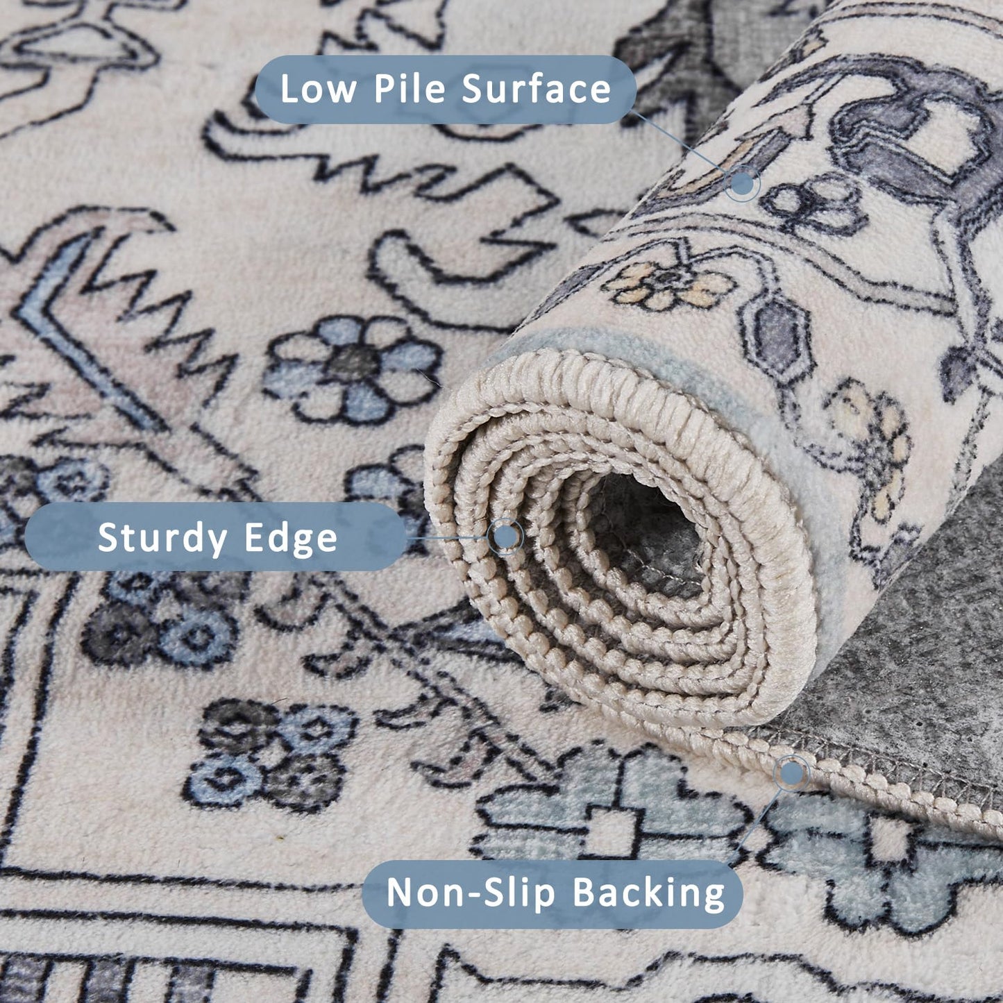 Washable 6X9 Area Rugs for Living Room, Soft Low Pile Vintage Rugs with Non Slip Rubber Backing, Boho Large Carpet for Bedroom Dining Room, Farmhouse, Nursery, Home Office.