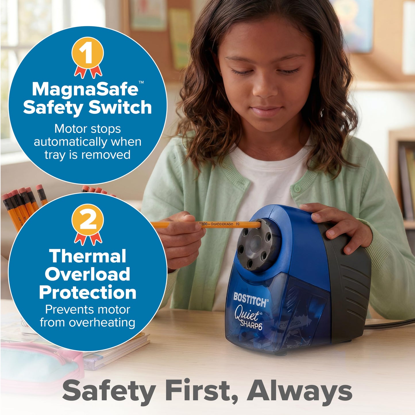 Bostitch QuietSharp 6 Heavy Duty Classroom Electric Pencil Sharpener, 6-Holes, Blue (EPS10HC)