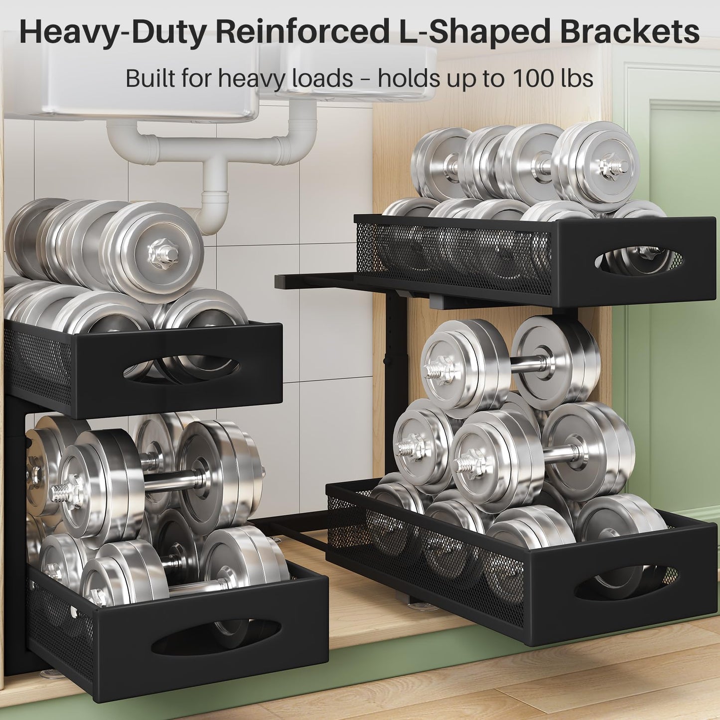 Under Sink Organizer, 2 Tier Pull out Cabinet Organizer Baskets with Mesh Sliding Drawers, Slide out Storage Shelf for Home, Kitchen, Bathroom, Pantry, Office Cabinet(2 Pack)