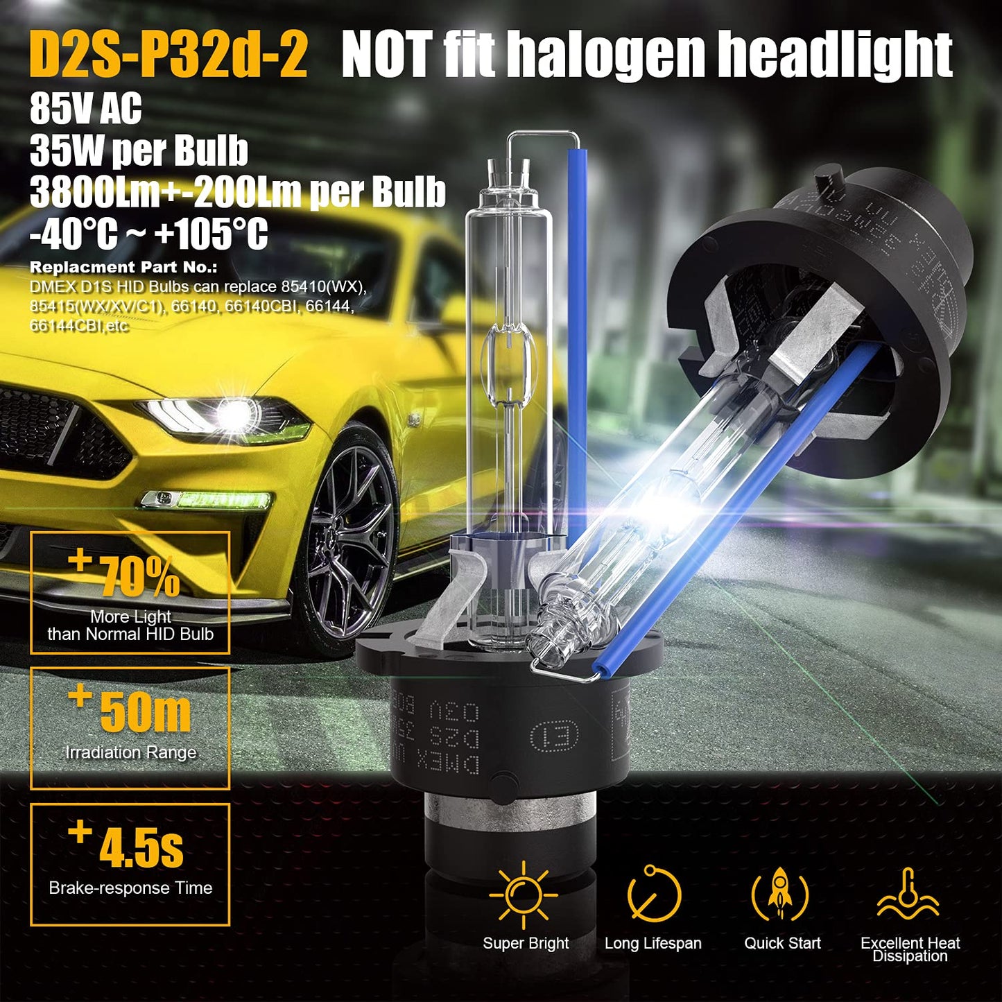 DMEX D2S HID Headlight Bulbs Xenon 6000K Cool White 35W 66240 85122UB 66040 Replacement Lamp - Pack of 2(Not fit Halogen Headlight Assembly)