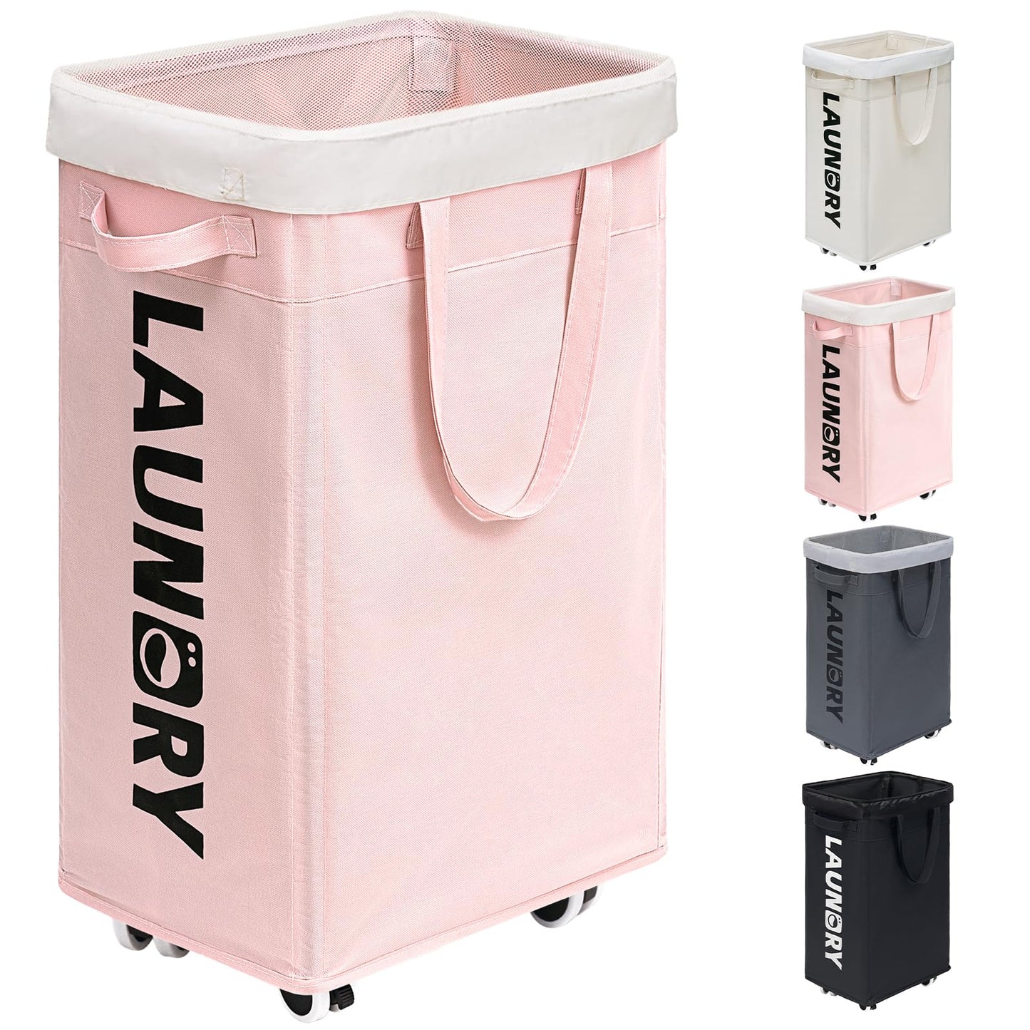 Goodpick Laundry Hamper with Wheels, 75L Collapsible Laundry Basket Organizer, Rolling Laundry Hamper with Removable Wash Bag for Living Room, Laundry Basket with Handle for College Dorm, Pink
