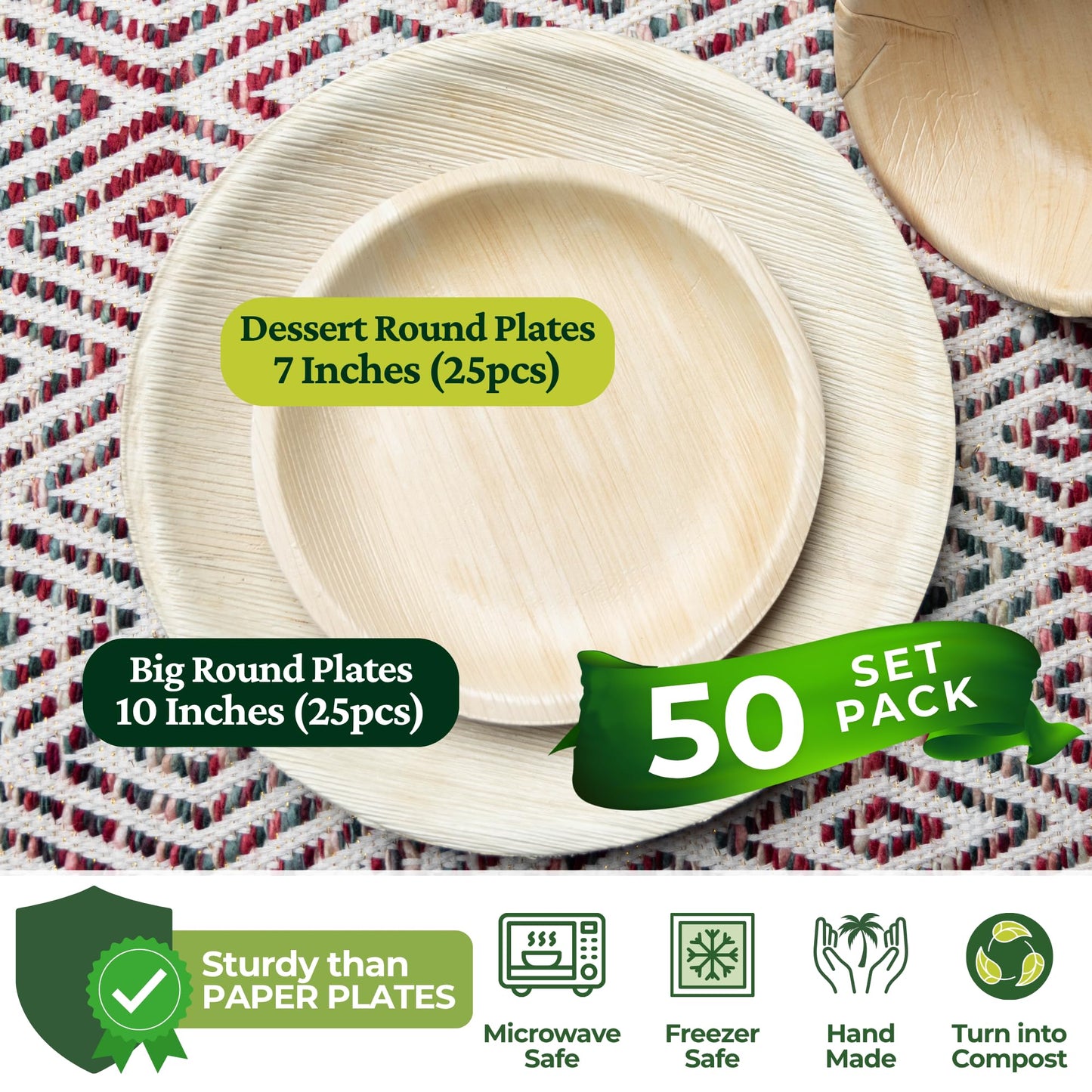 Dtocs Palm Leaf Disposable Plates (50 Pcs.) – 10 Inch Dinner, 7 Inch Dessert Plate Set (25 Each) | Eco-Friendly Rustic Bamboo, Wooden Plate Look Party Dinnerware Set | Sturdy Alt Round Paper Plates