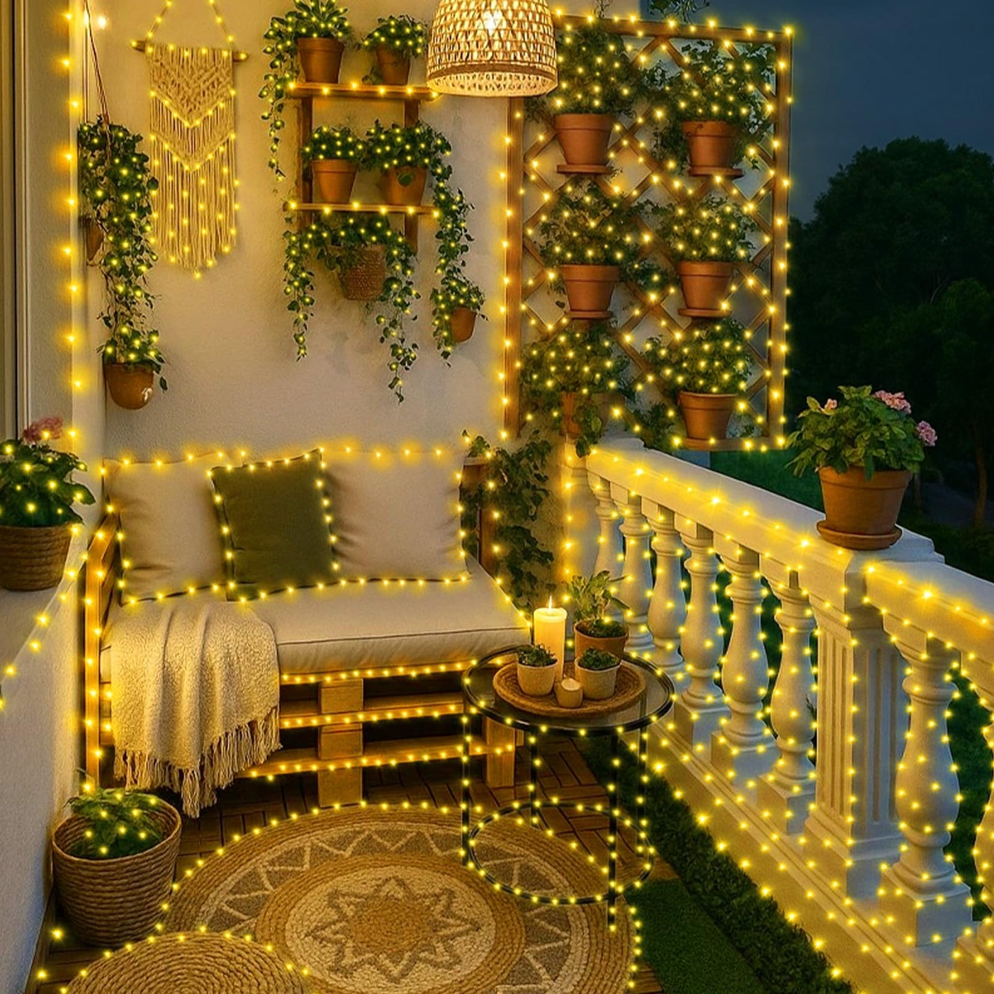 KNONEW Fairy Lights Plug in, 203FT 600 LED String Lights Indoor Outdoor Waterproof 8 Modes Memory Times Twinkle Lights for Wedding Bedroom Walls Garden Trees Decoration(Warm White)