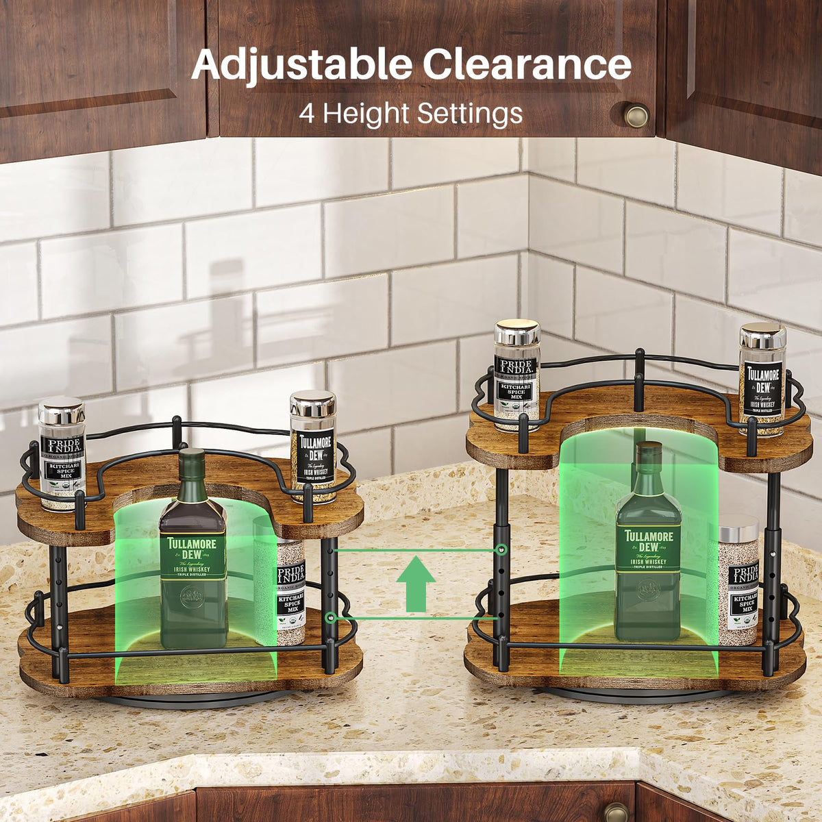 Lazy Susan Organizer Spice Rack - Spice Organization for Cabinet Height Adjustable Rotating Lazy Turntable, Pantry Kitchen Wood Revolving Seasoning Organizer (12 Inch)