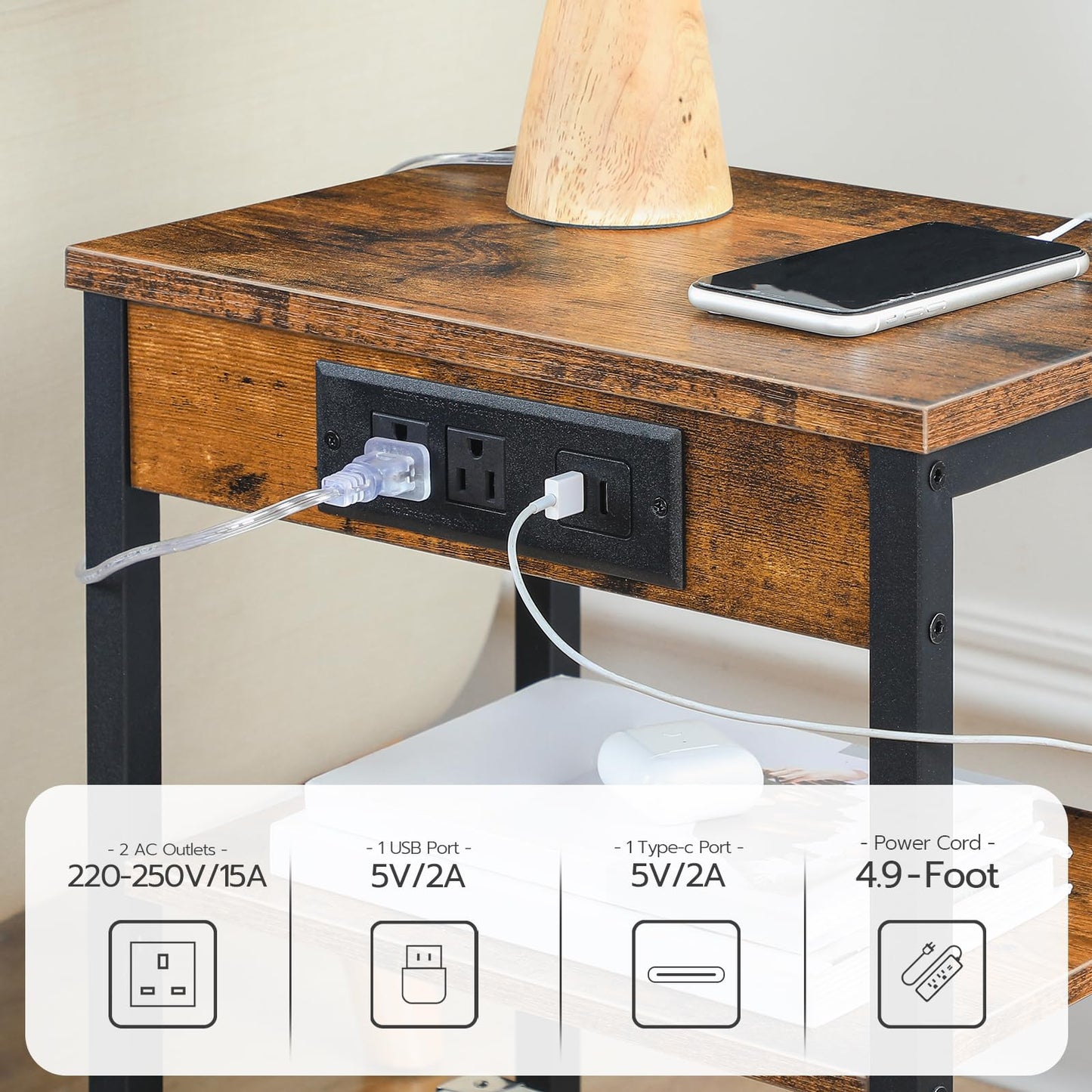 HOOBRO End Table with Charging Station and USB Ports, 3-Tier Nightstand with Adjustable Shelf, Narrow Side Table for Small Space in Living Room, Bedroom and Balcony, Rustic Brown BF112BZ01