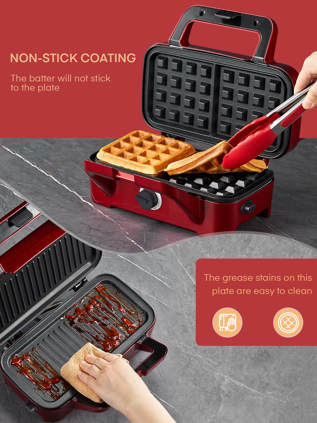 FOHERE 3-in-1 Waffle Maker, Sandwich Maker, Panini Press with Removable Plates, 5-Gear Temperature, LED Indicator Lights, Portable Handle, 1200W Belgian Electric Grill Cheese Machine (Red)