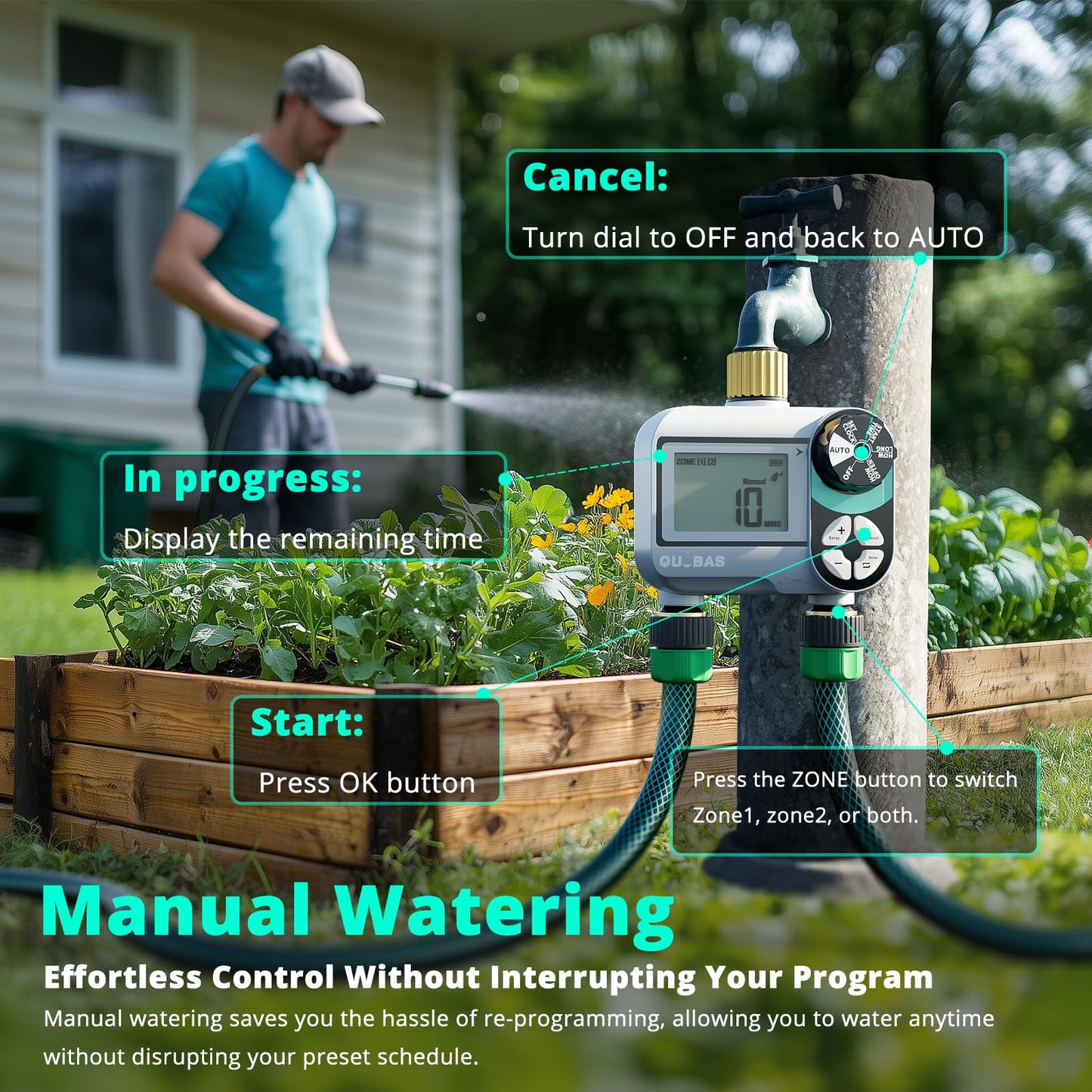 QUOBAS 2 Zone Sprinkler Timer, Programmable Hose Timer with Brass Inlet & Outlet, Water Timer for Garden Hose with Rain Delay/Manual Watering/Automatic Irrigation Controller System for Yard, Lawn