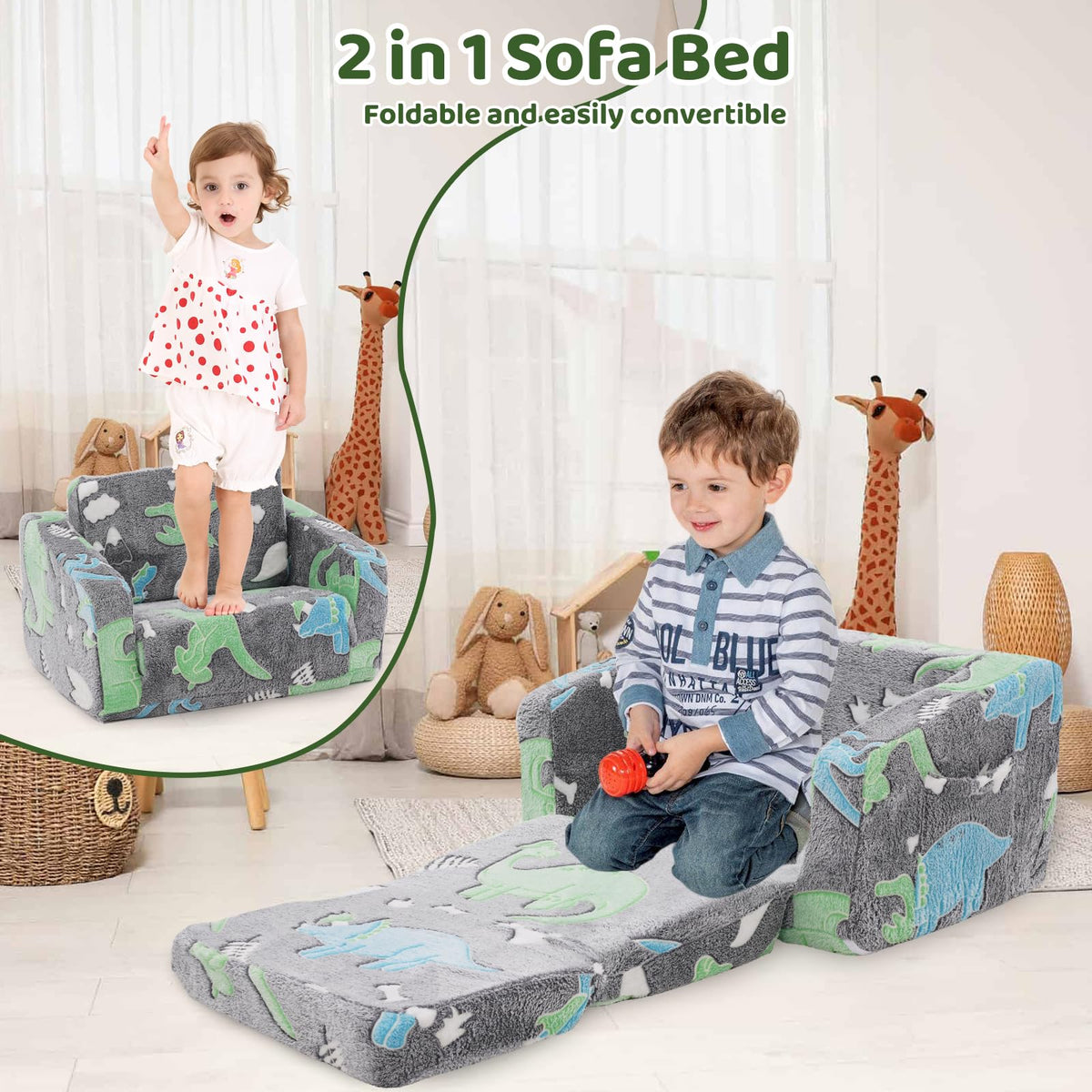 Toddler Couch, Foldable Toddler Chair, Kids Couch 2 in 1, Pull Out Bed Kids Sofa for Playroom, Removable Cover Armrest, Glow in The Dark Open Couch, 91 cm Length (Grey Dinosaur)