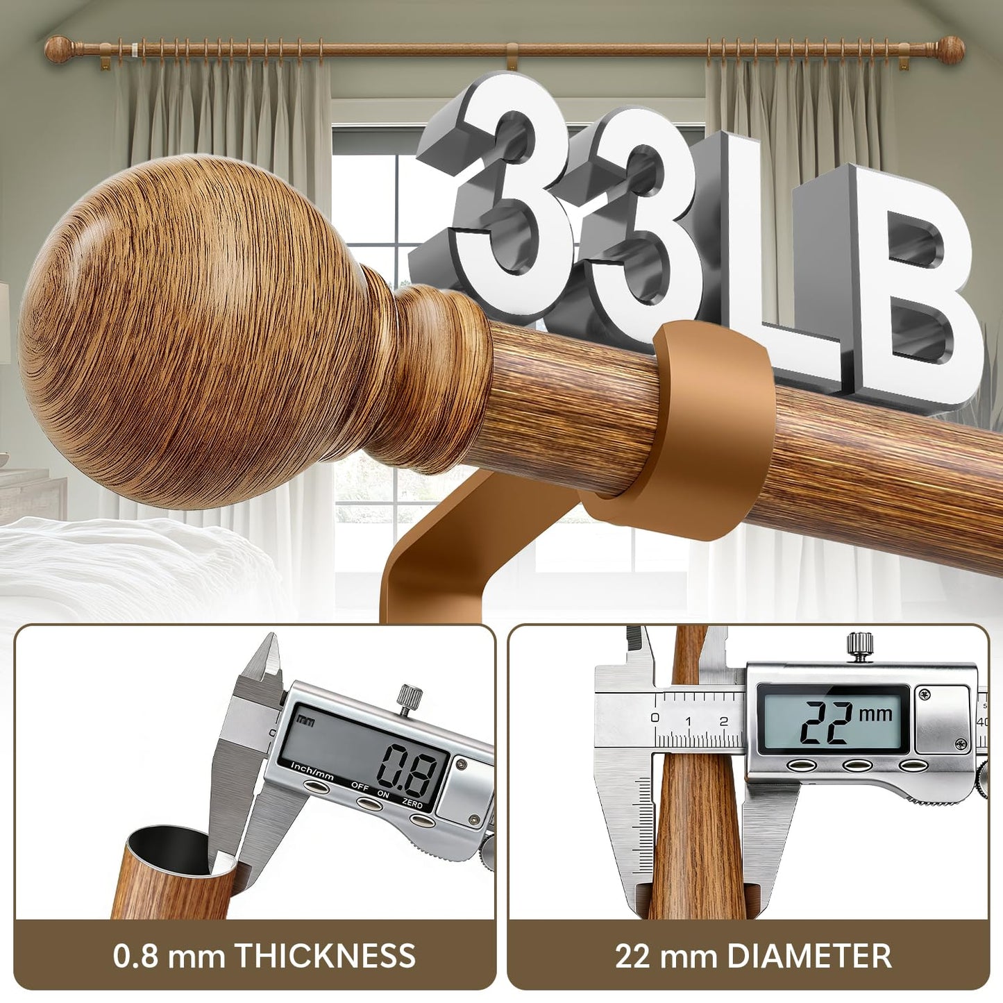 Boho Wood Curtain Rods for Windows 48 to 84 inch 1" Diameter Adjustable Heavy Duty Window Curtain Rod with Decorative Wooden Grain Finials Drapery Rods for Living Room Bedroom Kitchen Farmhouse