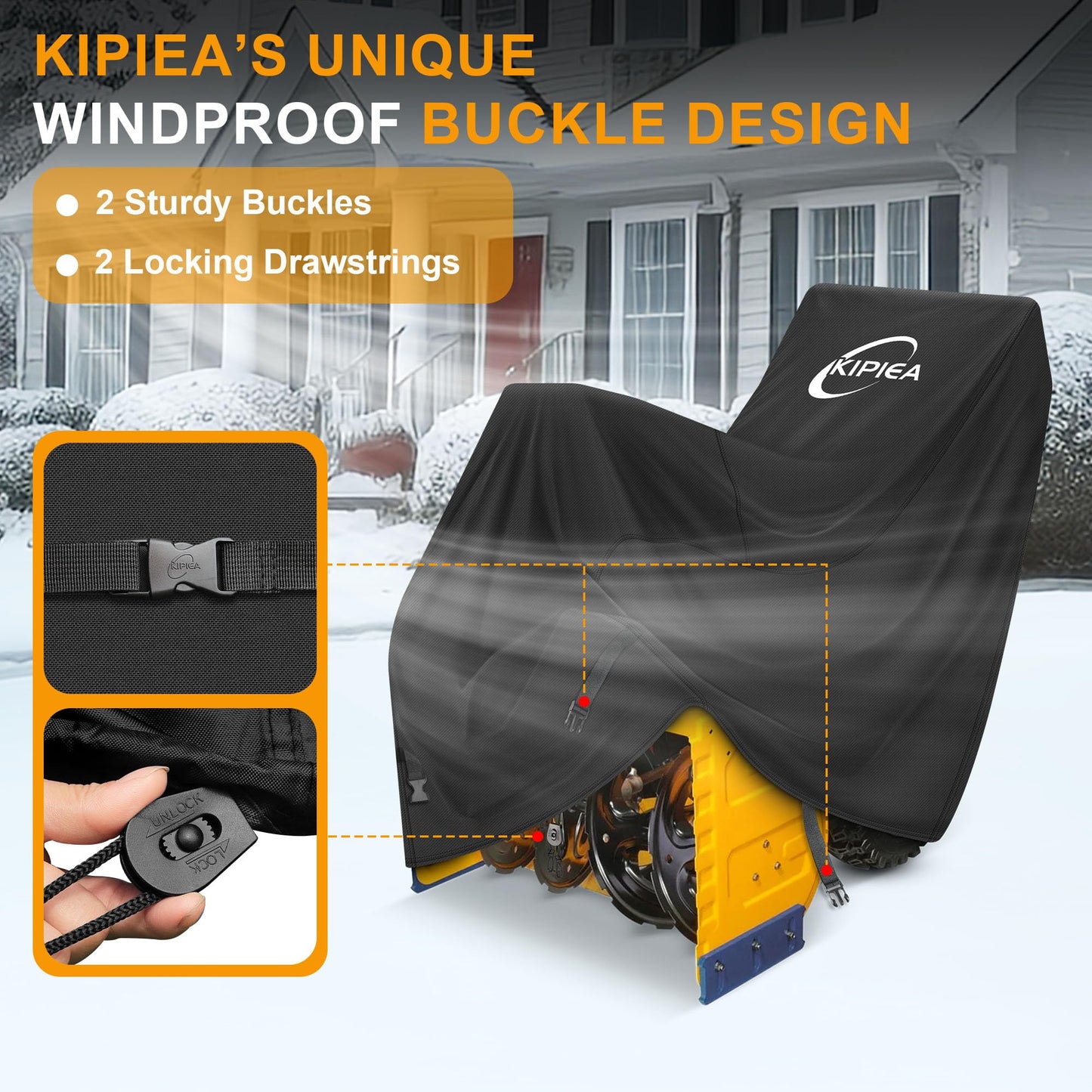 Kipiea Snow Blower Cover Waterproof Outdoor – 600D Heavy-Duty Snow Thrower Cover with Windproof Buckles and Drawstrings, Universal Fit for Most 20-28 Inch Snow Blowers