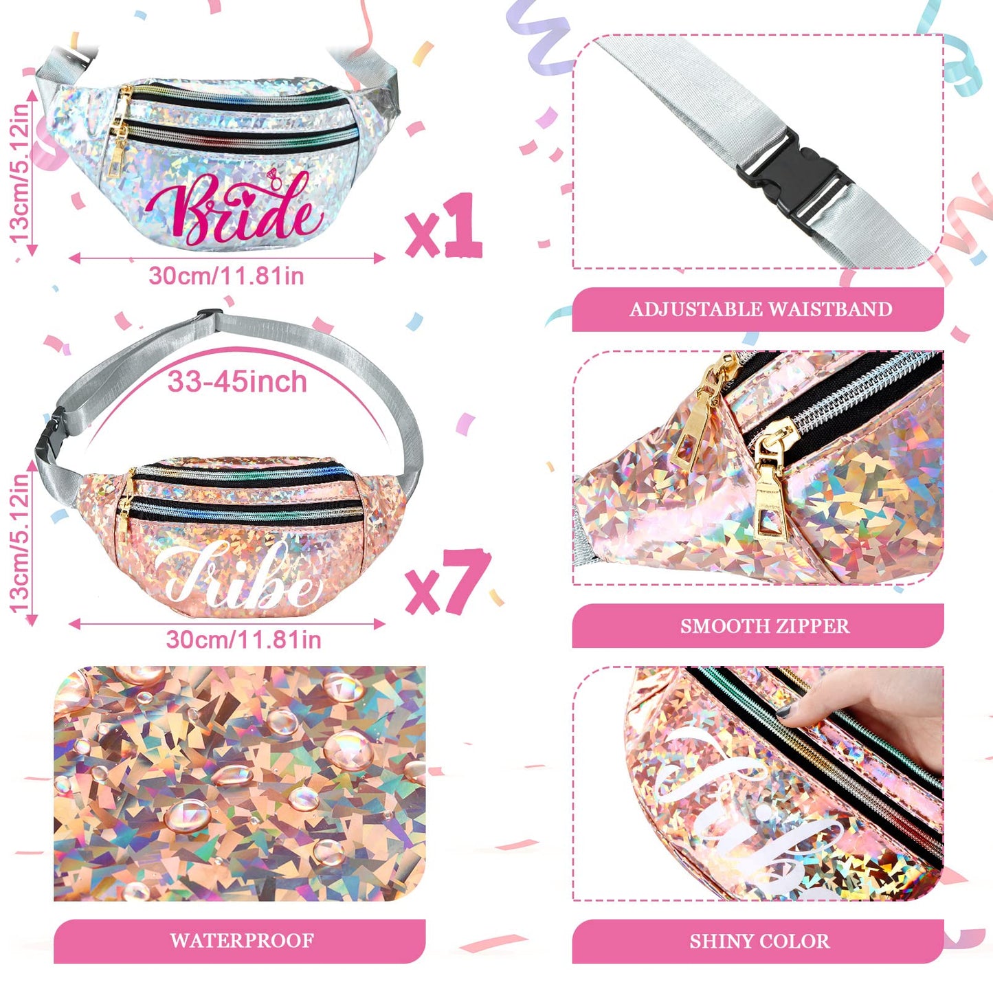 8 Pieces Bachelorette Party Gifts for Bride Holographic Bride Fanny Packs Waterproof Adjustable Bridesmaid Tribe Waist Bag Silver Rose Gold Squad Packs Rave Bags for Wedding Party Bridal Shower
