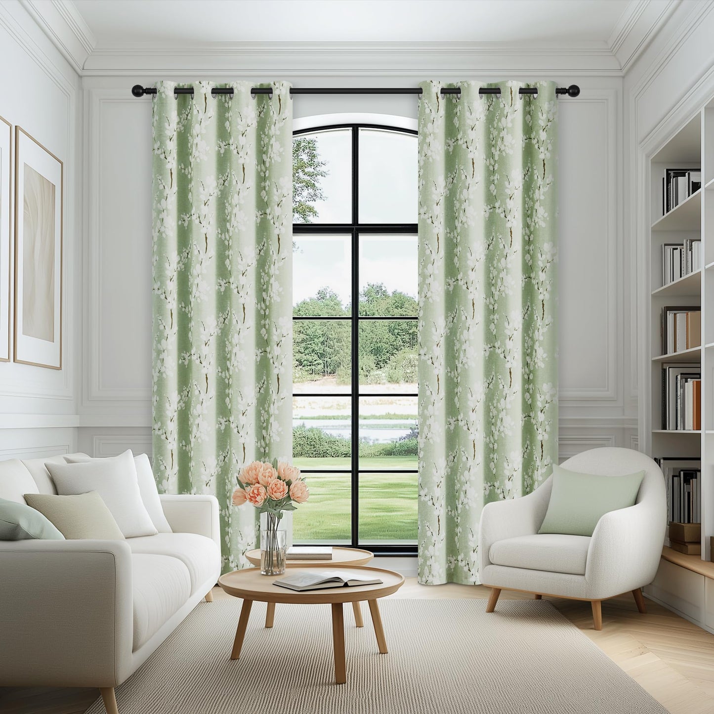 FMFUNCTEX 100% Blackout Curtains 84 Inch Long for Living Room Green and White Floral Blossom Print Curtains Farmhouse Thermal Insulated Drapes for Bedroom Grommet Window Curtains 2 Panels Sage Green