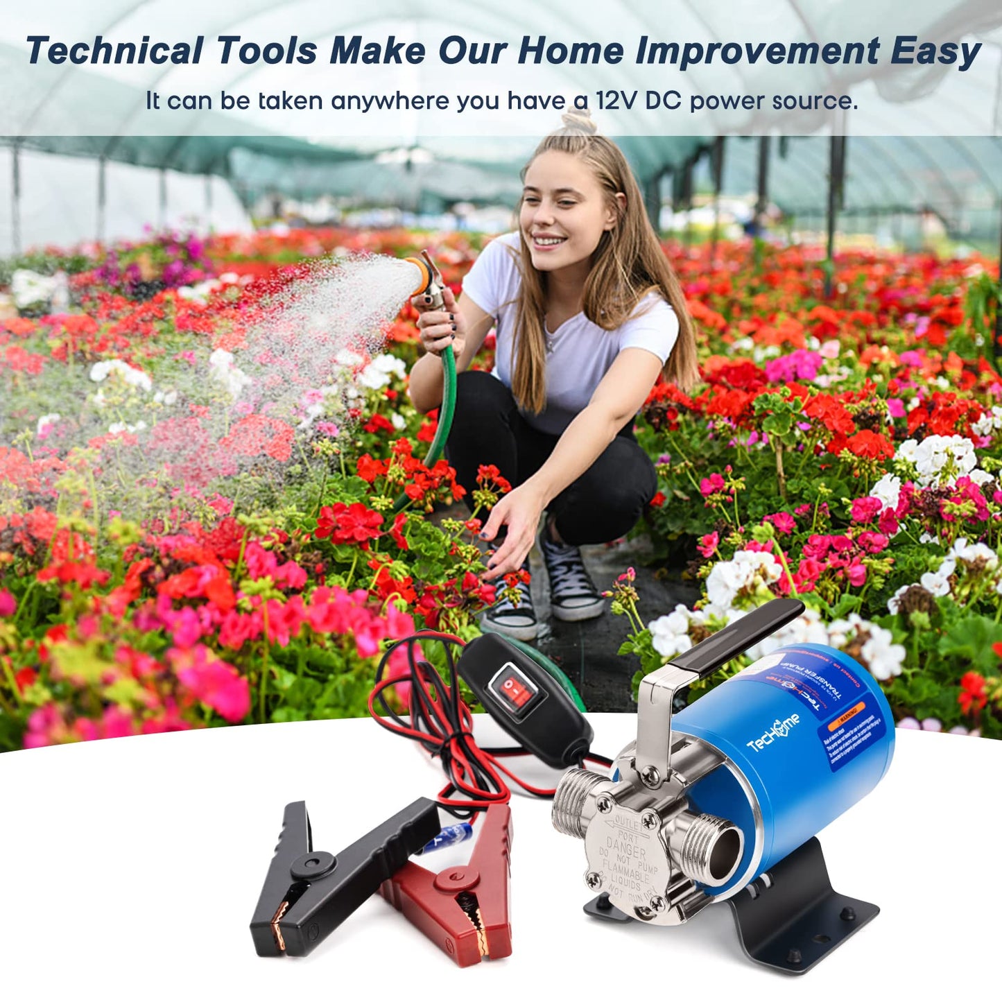 TecHome 12V Water Pump, 1/10 HP 330GPH Water Transfer Pump, Portable Electric Utility Transfer Pump, with ON/Off Switch and Suction Hose Kit.