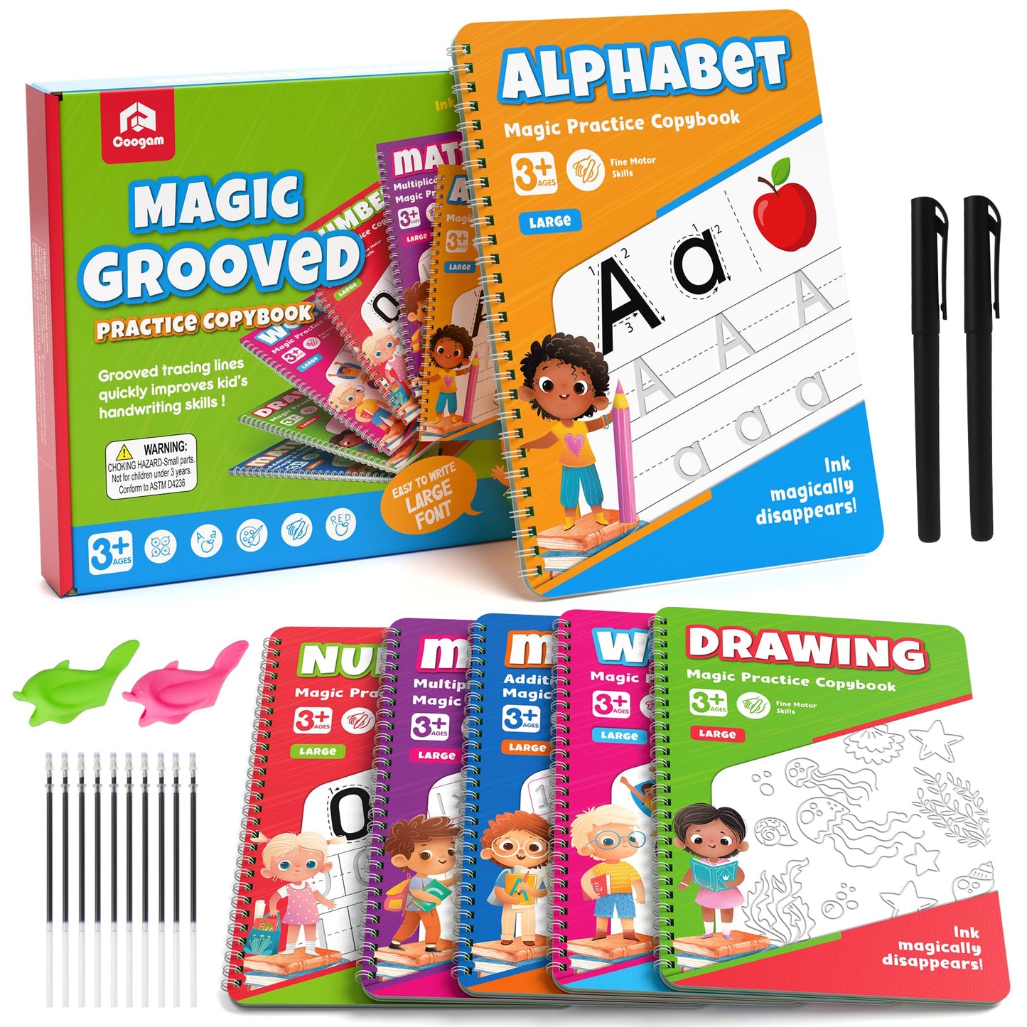 Coogam 6Pcs Magic Grooved Writing Practice for Kids, Grooved Handwriting Copybook with Pens, Learn to Write Number Letter Tracing Workbook for Kids Age 3-8 Preschool Learning Activities
