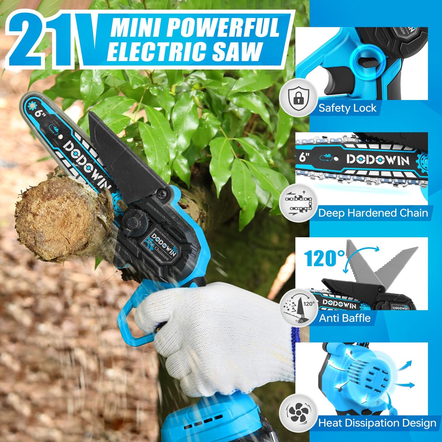 DODOWIN Mini Chainsaw Cordless 6 Inch, Electric Chainsaw with 2000mAh Battery & Chain, 550W Motor Chain Saw, Gardening Tool for Branch Wood Cutting Tree Trimming, Gifts for Men Dad Husband Him