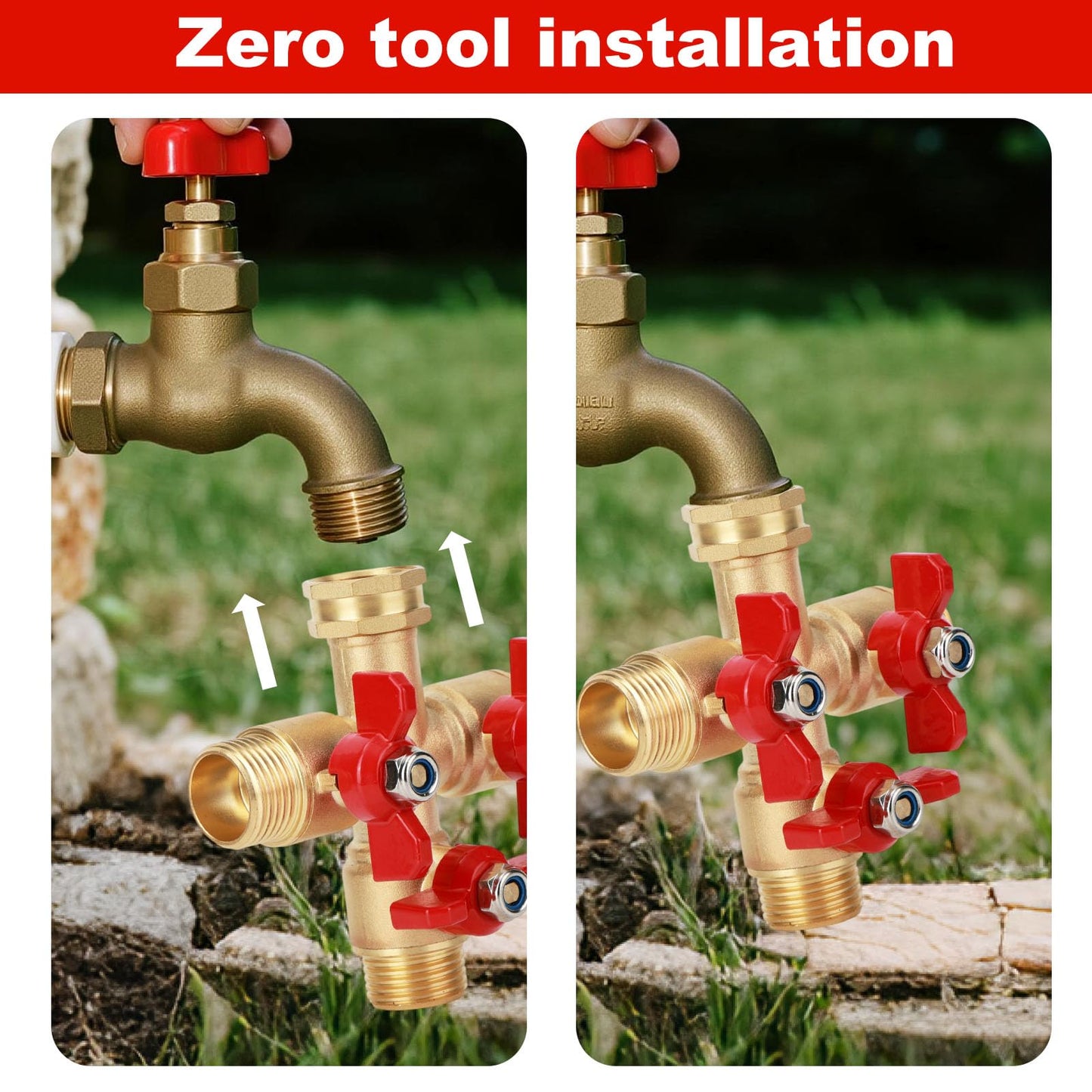 3 Way Brass Hose Splitter with 4 Sealing Gaskets, 3/4 Inch Heavy Duty High Flow Spigot Splitter with 3 Shut-Off Valves Leak-Proof Outdoor Faucet Connector for Yard Lawn Irrigation Systems