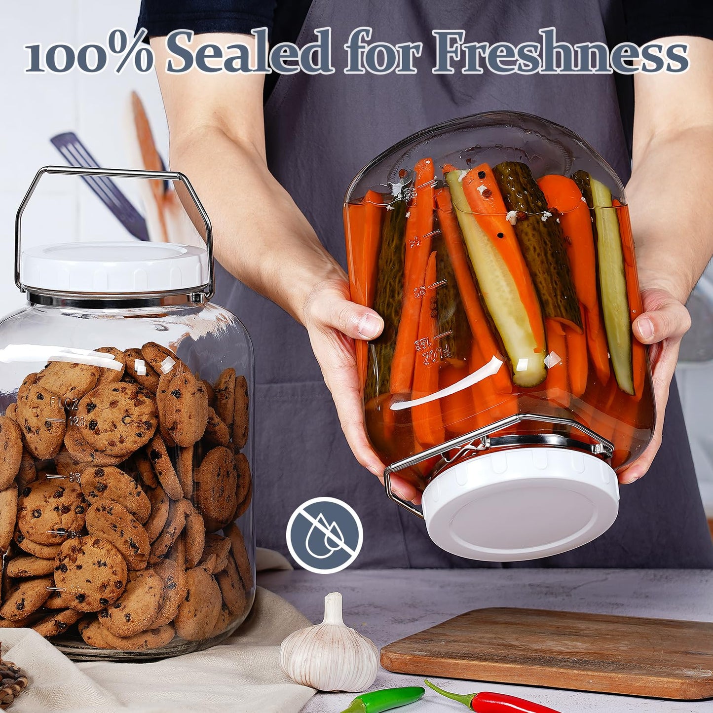 2 Pack 1.5 Gallon Glass Jar with Lid Wide Mouth, Large Mason Jar with Airtight Screw Lid and Handle, Clear glass storage containers with 2 Scale Mark for Flour, Cookie, Candy
