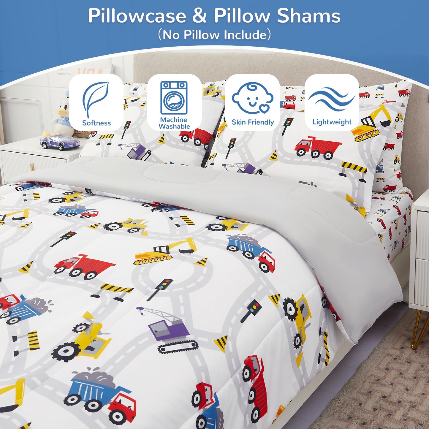 Viviland Kids Full Double Bedding Sets for Boys, Girls Soft Full Double Comforter Set with Sheets, 7 Pieces Microfiber Bed in a Bag, White Car Excavator