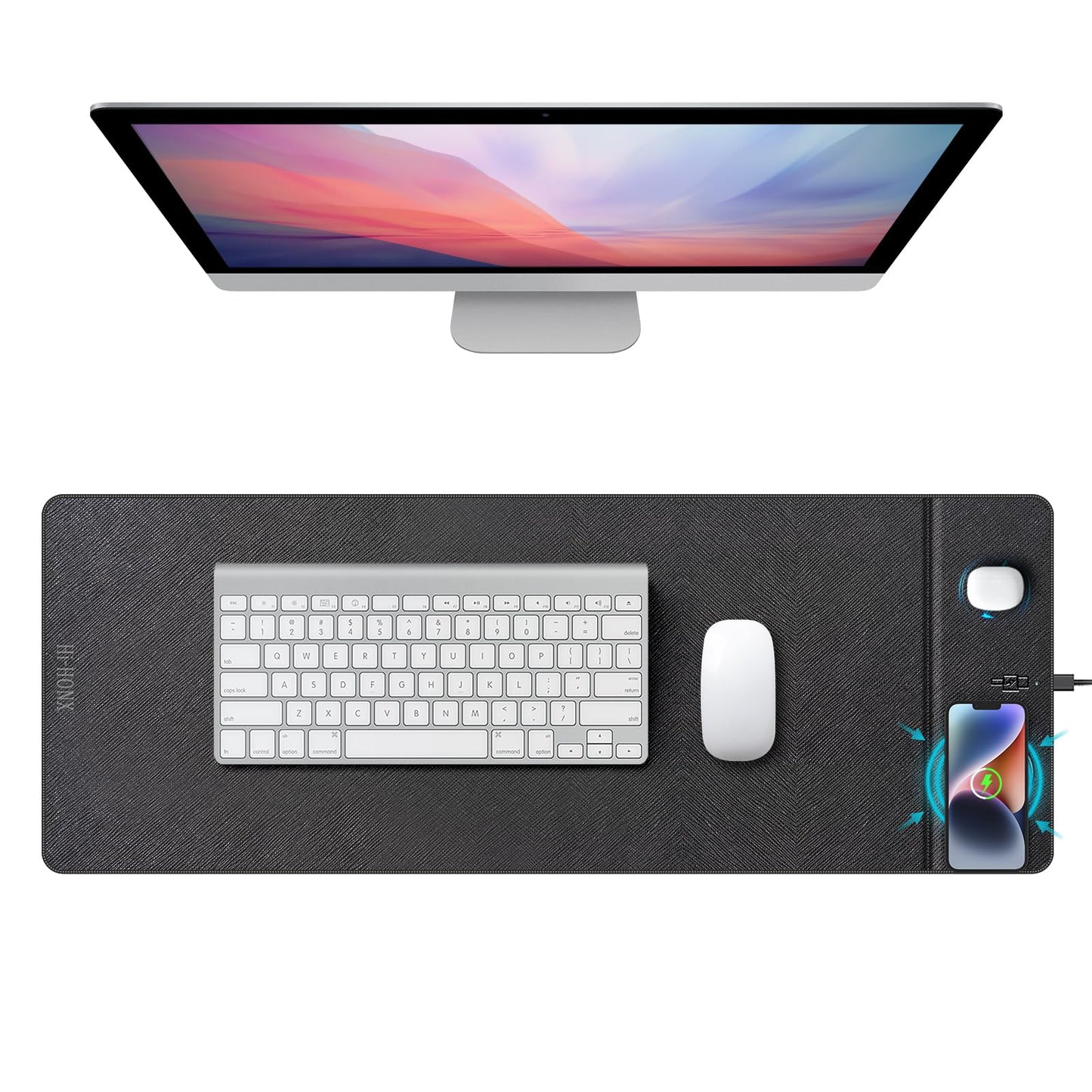 Wireless Charging Mouse Pad, 31.5"x11.7" XL Large Office Desk Pad with Ultra-Smooth Surface,Non-Slip Base, Classic Black Waterproof Computer Desk Mat for MacBook, PC, Laptop