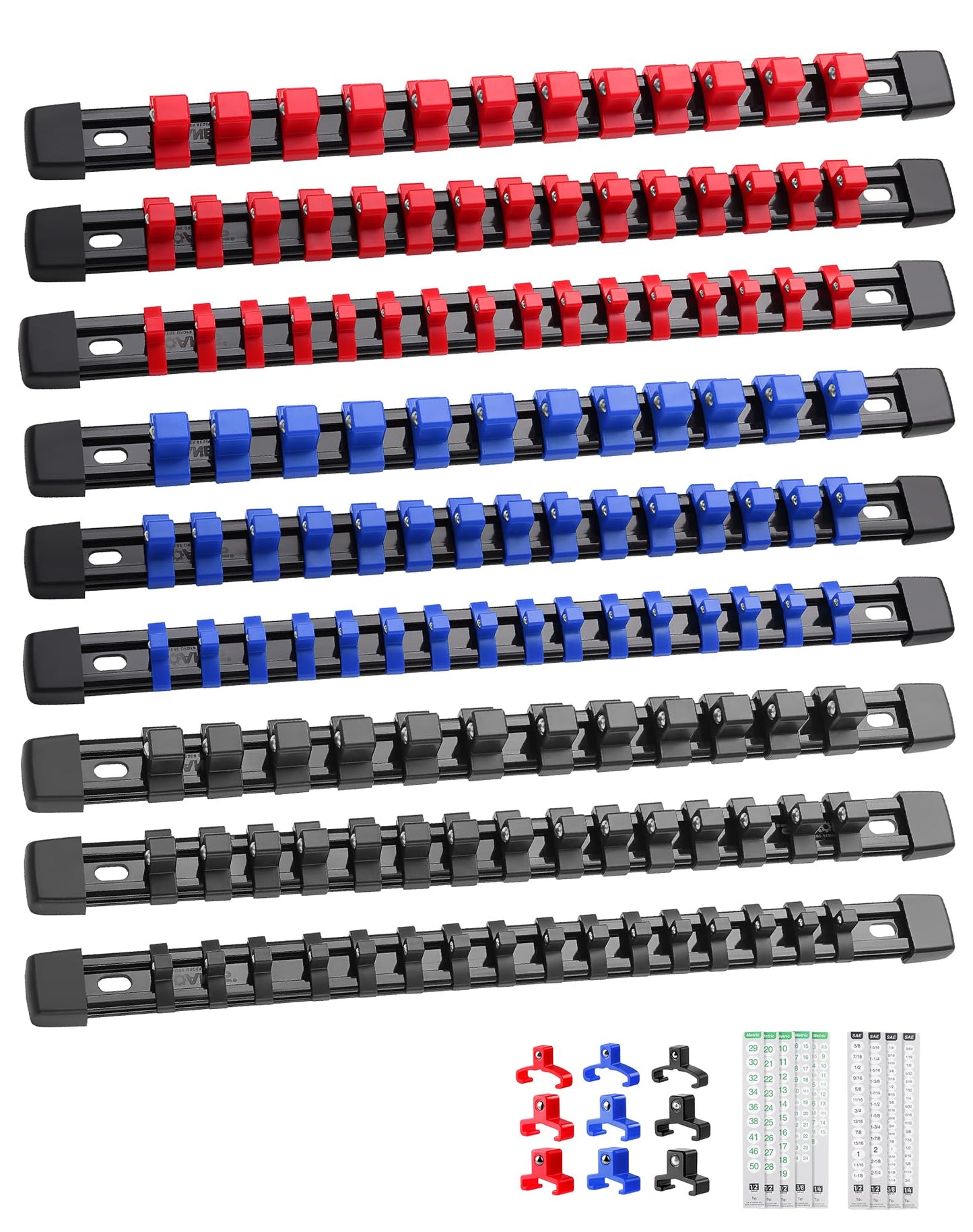ALOANES 9 PC ABS Socket Organizer,1/2 inch, 3/8 inch, and 1/4 inch Drive Socket Rail Holders, Heavy Duty Socket Racks, Black Rails with Red&Blue&Black Clips x 129 Clips