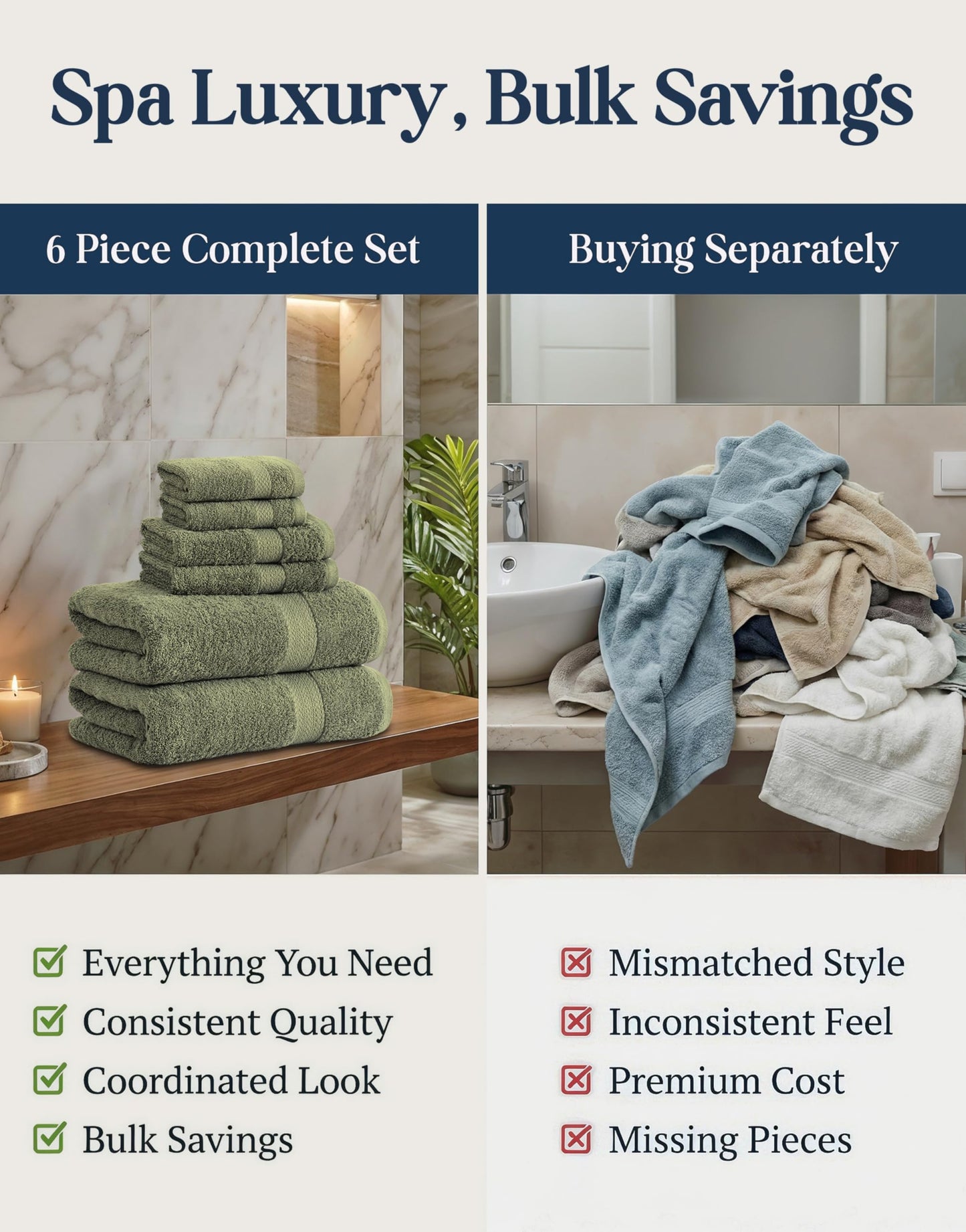 6 Piece Bath Towel Set - 100% Cotton Bathroom Towels, Extra Large Bath Towels, Hotel Towels, 2 Bath Towels, 2 Hand Towel for Bathroom, 2 Wash Cloths for Your Body and face - Oil Green