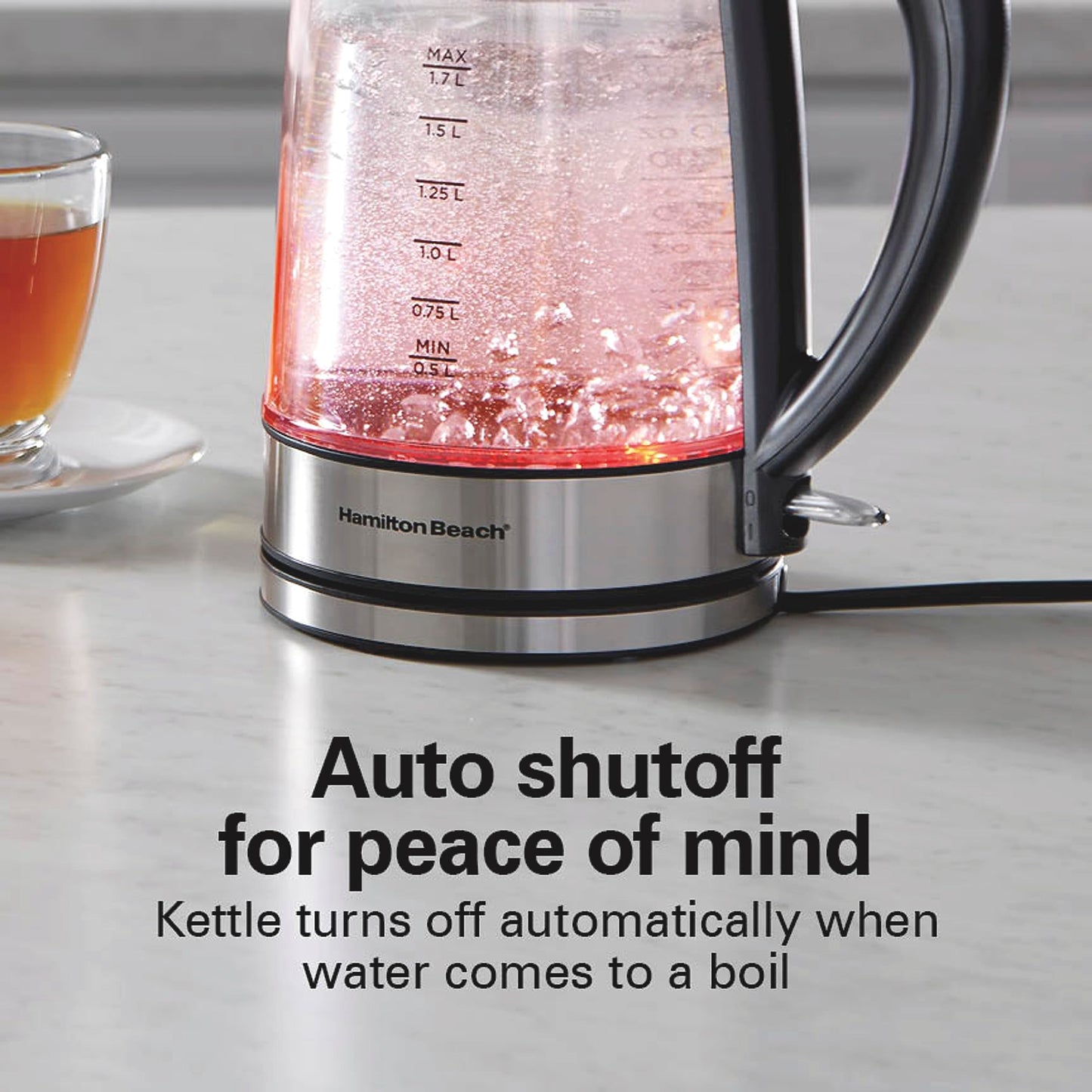 Hamilton Beach Double Wall Glass Electric Kettle, 1.7 L, 1500W, Color-Changing LED, Keeps Water Warm Longer, Cordless, Auto Shutoff & Boil-Dry Protection (40850)