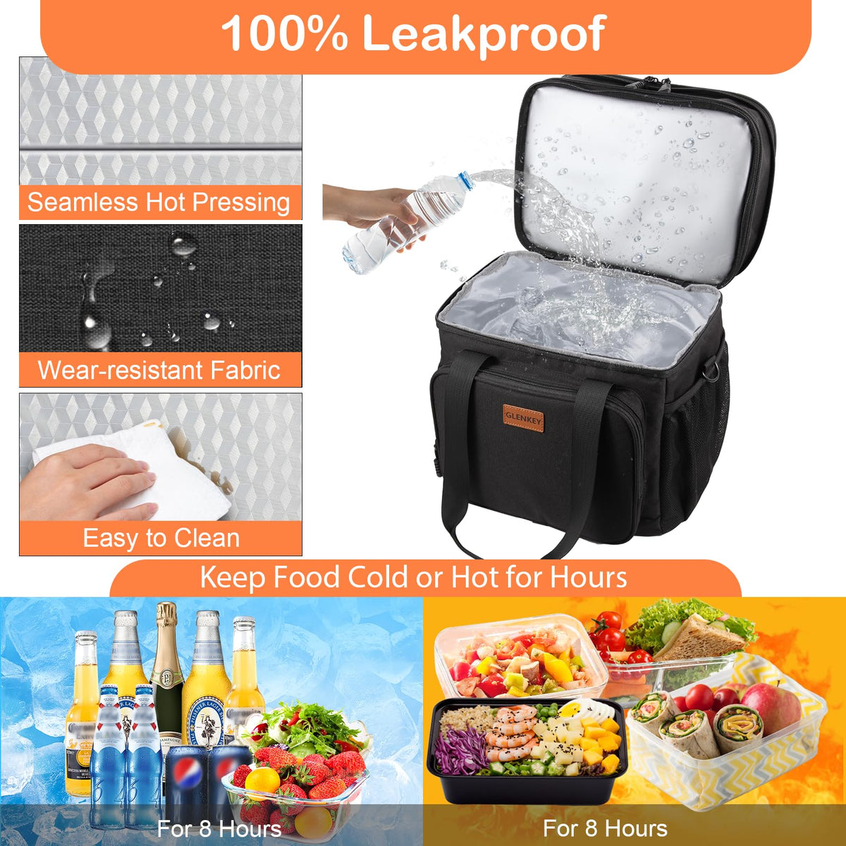 Expandable XLarge Lunch Box, Insulated Heavy Duty Lunch Bag Waterproof Leakproof Durable Cooler Bag for Men Women Adults Work Construction Camping Trip, 22L, Black, GLENKEY