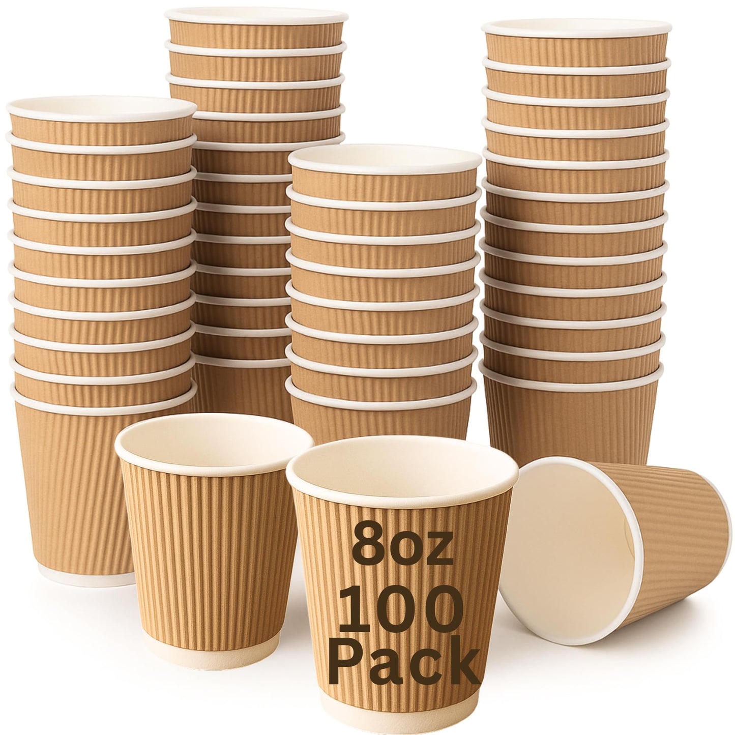 Levé (100 Pack – 8oz) Kraft Ripple Wall, Hot & Cold Paper Cups | Disposable Coffee Cups & Eco-Friendly for Coffee, Tea, Office, Home, Events (No Lids)