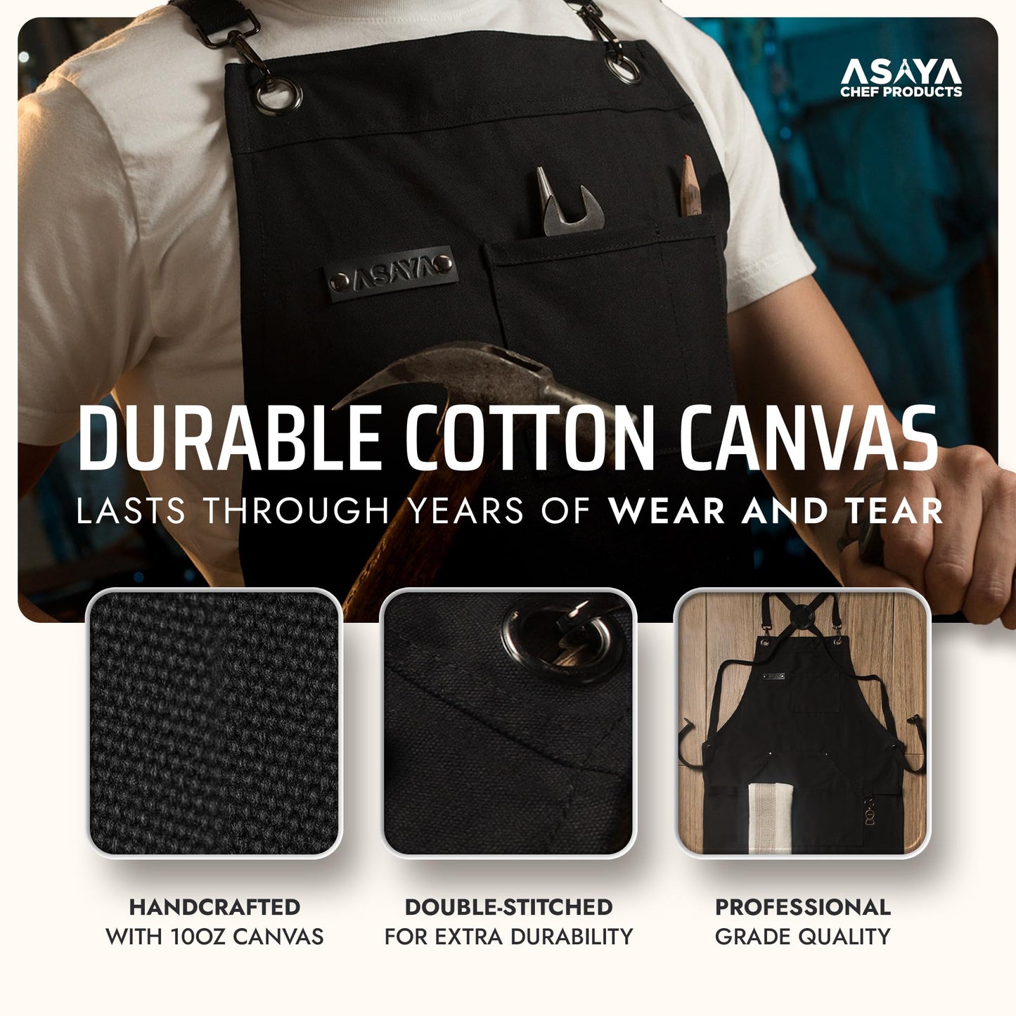 Asaya Chef BBQ and Work Apron with Bottle Opener - Hand Towel-Durable 10oz Cotton Canvas,Brass Hardware and Cross Back Straps (Black)