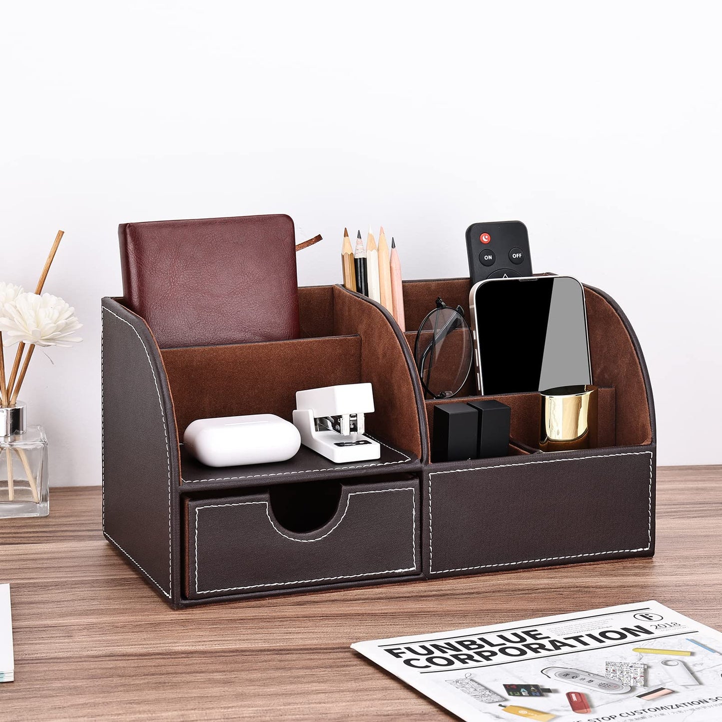 KINGFOM Pu Leather Desk Organizer Pen Pencil Holder Office Supplies Caddy Storage Box 6 Compartments with Drawer Brown (Half Pu)