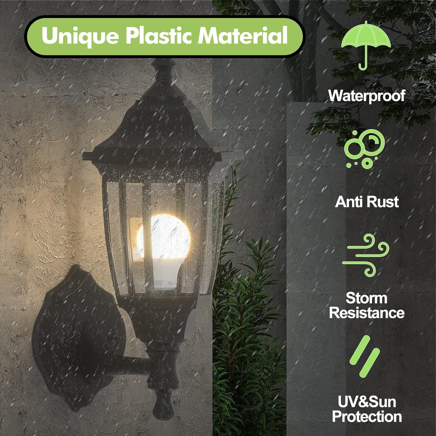 EMART Outdoor Porch Light, Exterior Wall Mount Lantern Fixtures, Anti-Corrosion Waterproof Plastic Material, E26 Socket Lamp for House, Garage, Outside, Backyard, Black, 2 Pack (Bulb Included)