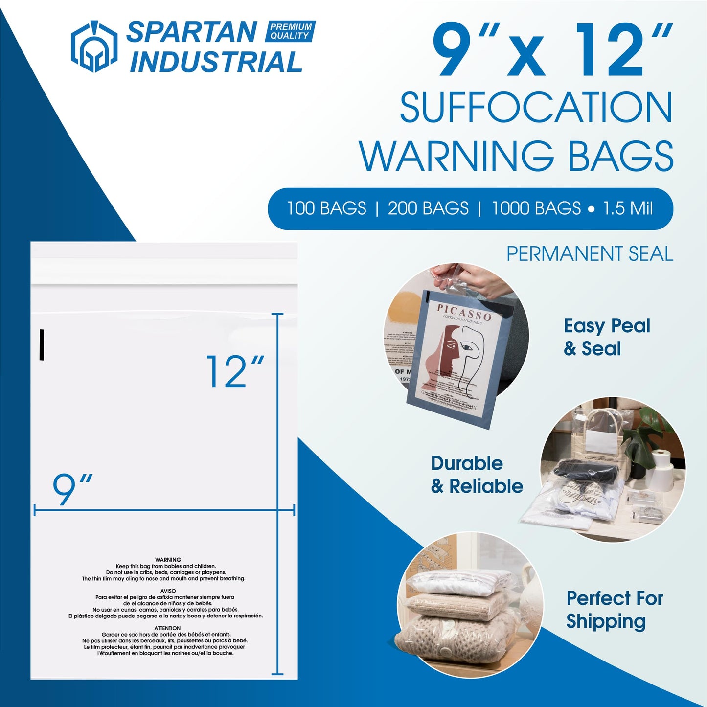 Spartan Industrial - 9" X 12" (1000 Count) Self Seal Clear Poly Bags with Suffocation Warning for Packaging, T Shirts - Permanent Adhesive