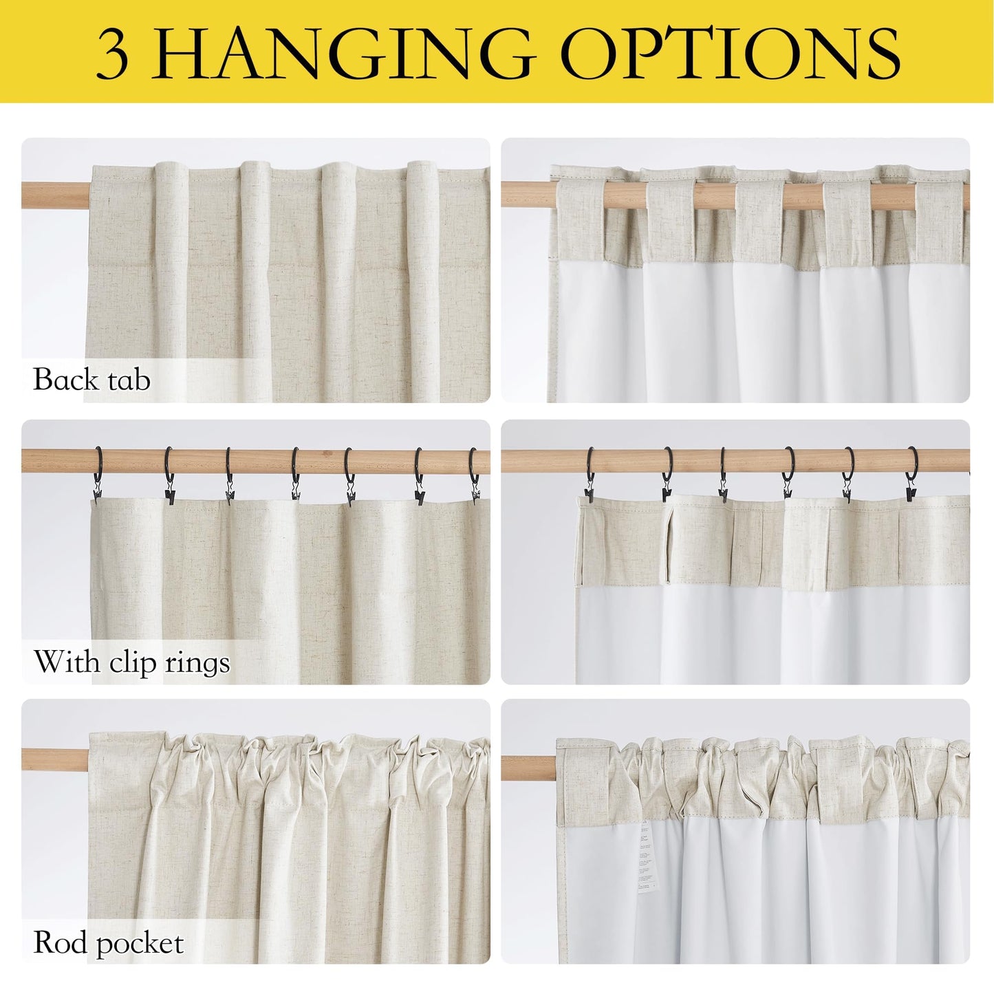 NICETOWN 100% Blackout Natural Linen Curtains 95 Inches Length, Back Tab & Rod Pocket Window Draperies 2 Panels with Thermal Insulated Liners for Living Room/Bedroom, 52 Inches Width