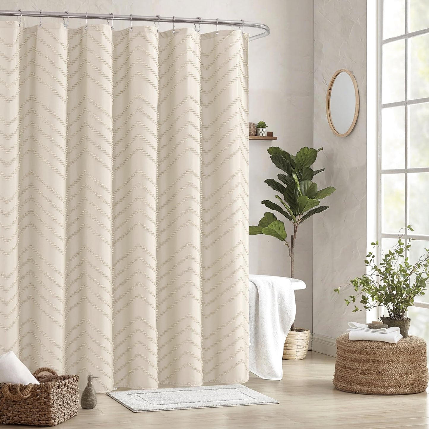 TURKIO Beige Boho Shower Curtain 72 x 72 Modern Farmhouse Shower Curtain Bohemian Chic Tufted Chevron Textured Striped Minimalist Shower Curtain Woven Fabric Cute Beige/Cream Shower Curtain