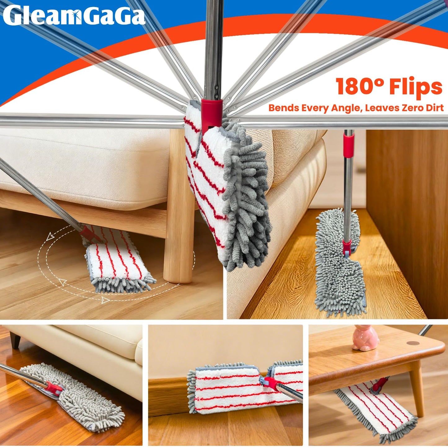 Microfiber Flip Mop, GleamGaGa Flat Mop with Stainless Steel Handle,Mops for Floor Cleaning and 4 Reusable Washable Mops Pads,Wet & Dry Dust Mopping for Hardwood,Vinyl,Laminate,Tile , Marble Cleaning