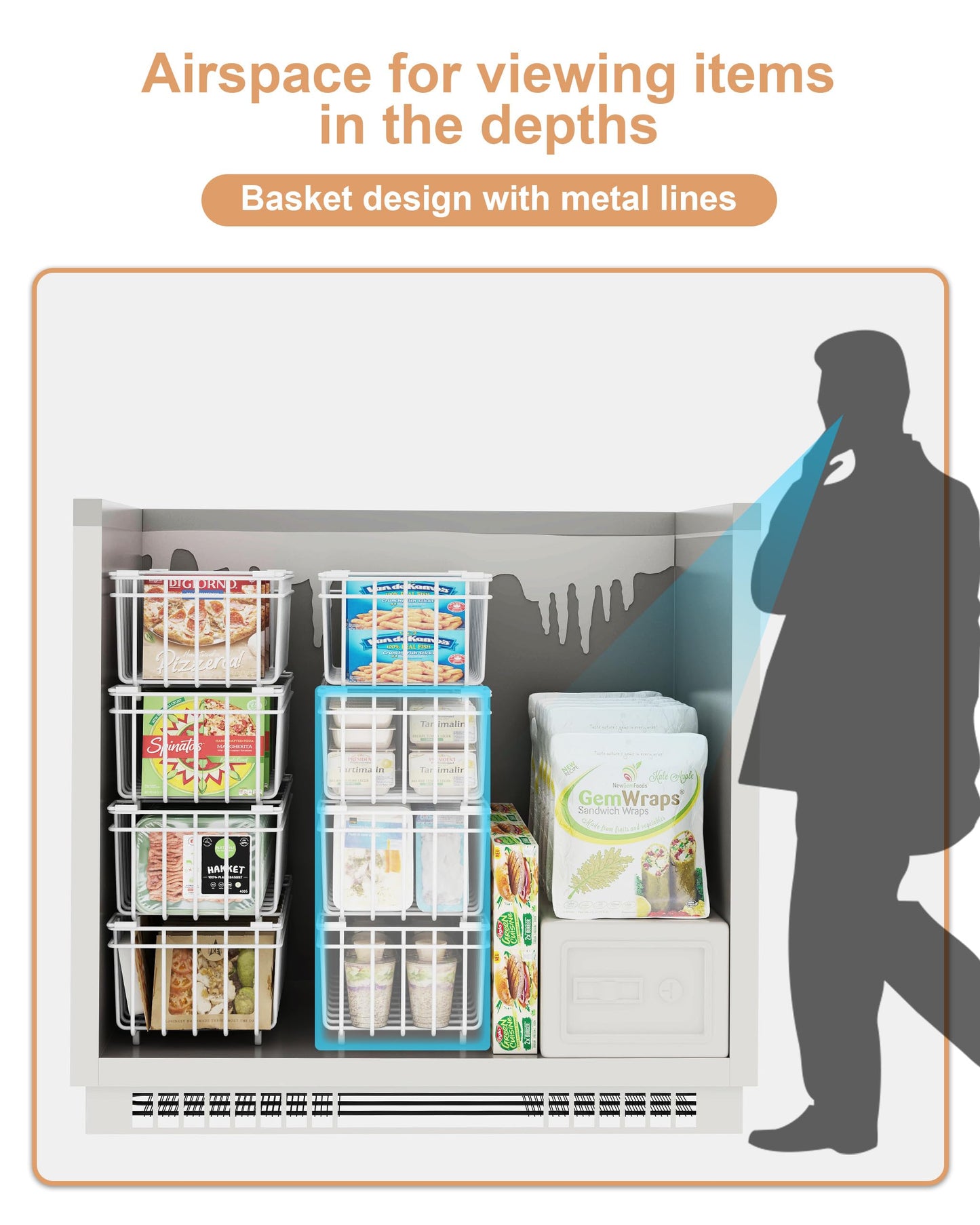 UMDONX 4 Pack Chest Freezer Organizer Baskets Stackable Storage Bins for 7 Cu.Ft Deep with Foldable Handles, Kitchen Pantry Shelf Rack, Durable Metal White Load 45LBS