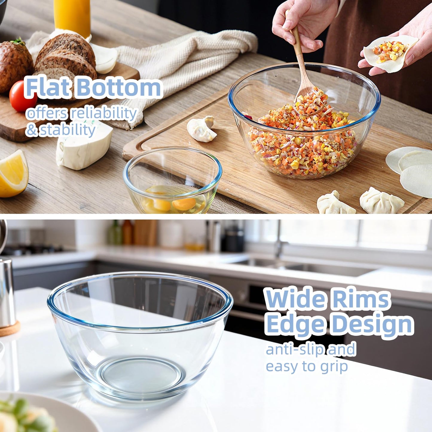 Whiterhino Glass Mixing Bowls with Lids Set of 3（4.5QT,2.7QT, 1.1QT, Large Clear Salad Fruit Nesting Bowl for Cooking,Baking,Prepping,Serving and Storage,Dishwasher and Microwave Safe