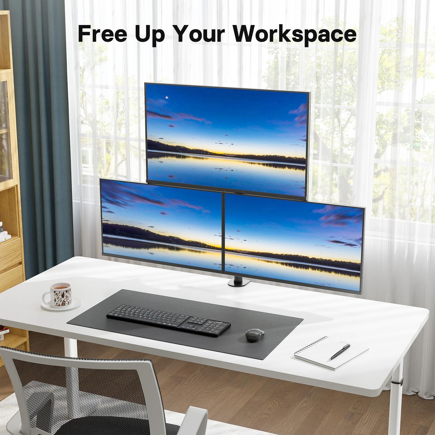 BONTEC Triple Monitor Desk Mount for One 32 Inch Screen and Two 27 inch Screens, Supports up to 22lbs, with Full Motion Adjustability, Two Installation Options and Integrated Cable Management, Black