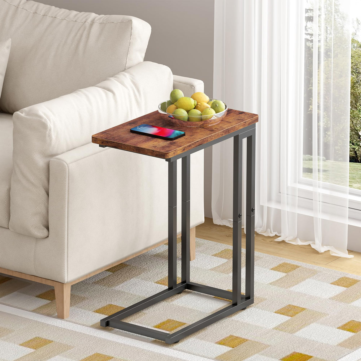 Yusong C Shaped End Table, Couch Side Table that Slide Under Sofa Bed, Small Table for Small Spaces, Skinny Overbed Table, Coffee Drink Snack Table for Living Room, Rustic Brown