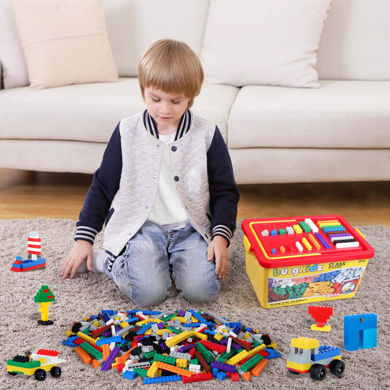 Building Bricks 1020 Pieces Set, 1000 Basic Building Blocks in 17 Fun Shapes Includes Wheels, Door, Window, Bulk Block with Storage Box, Handle and Base Plate, Compatible Block Construction Toys