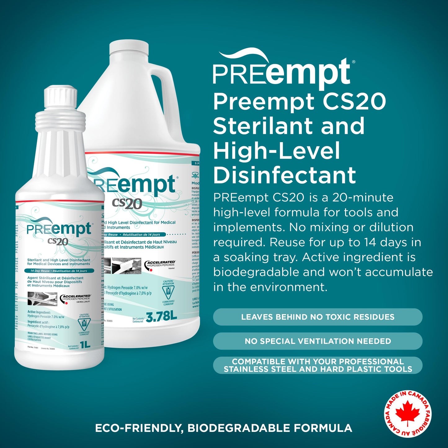 PREempt CS20 Sterilant and High-Level Disinfectant for Reusable Spa, Salon and Nail Tools and Implements (3.78 Liter)