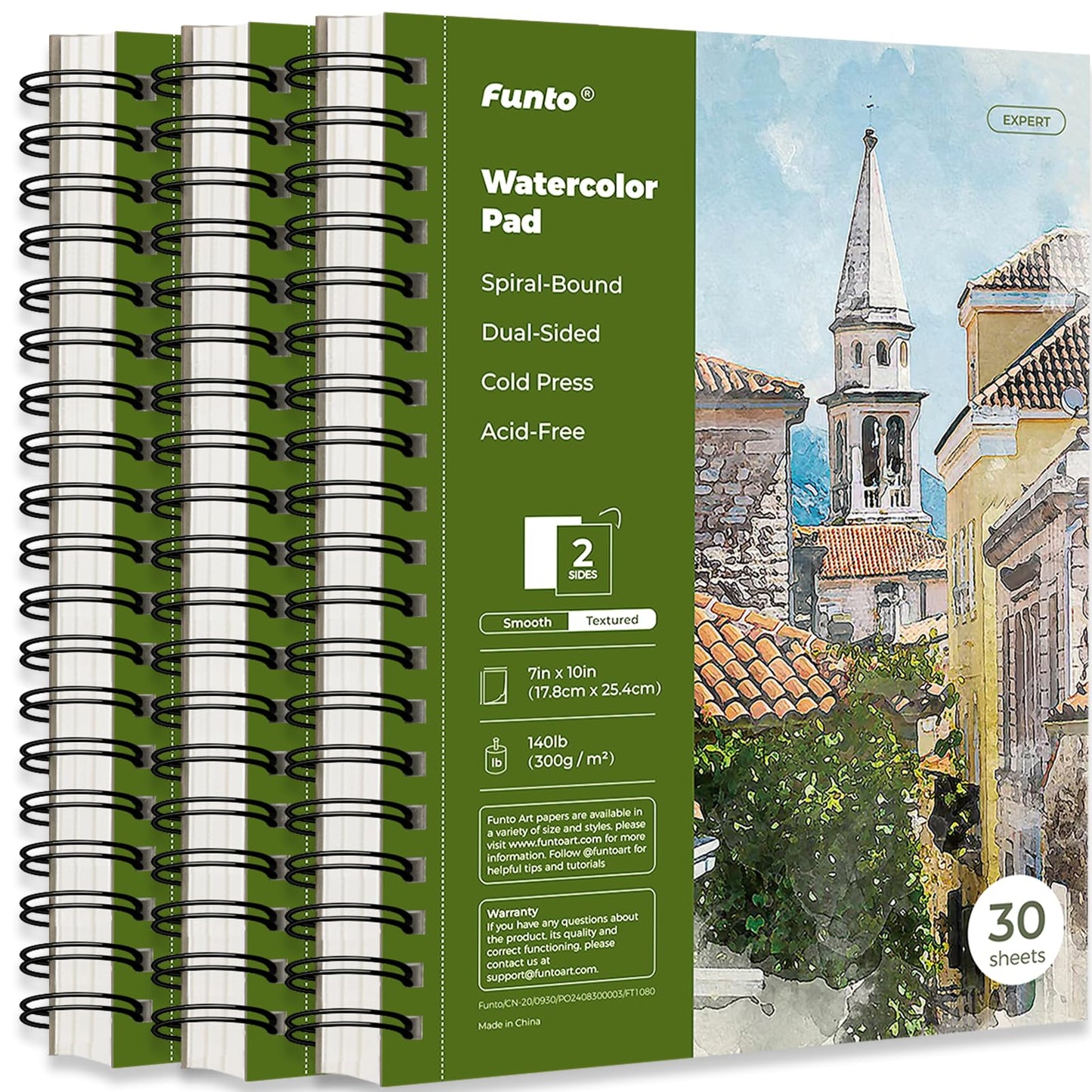 Funto Watercolor Pad 10x7", 3-Pack, 90 Sheets, 140 lb/300 GSM, Double-Sided Cold Press Paper, Spiral Bound, Heavyweight Paper for Watercolor Painting