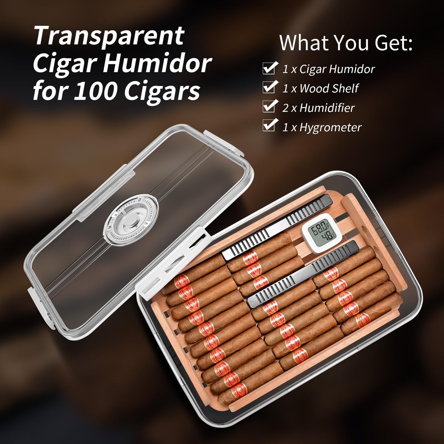 CIGARLOONG Cigar Humidor Large with Cedar Shelves,2 Humidifiers and Hygrometer Storage for 100 Cigars Partition Clear Airtight Cigar Humidor