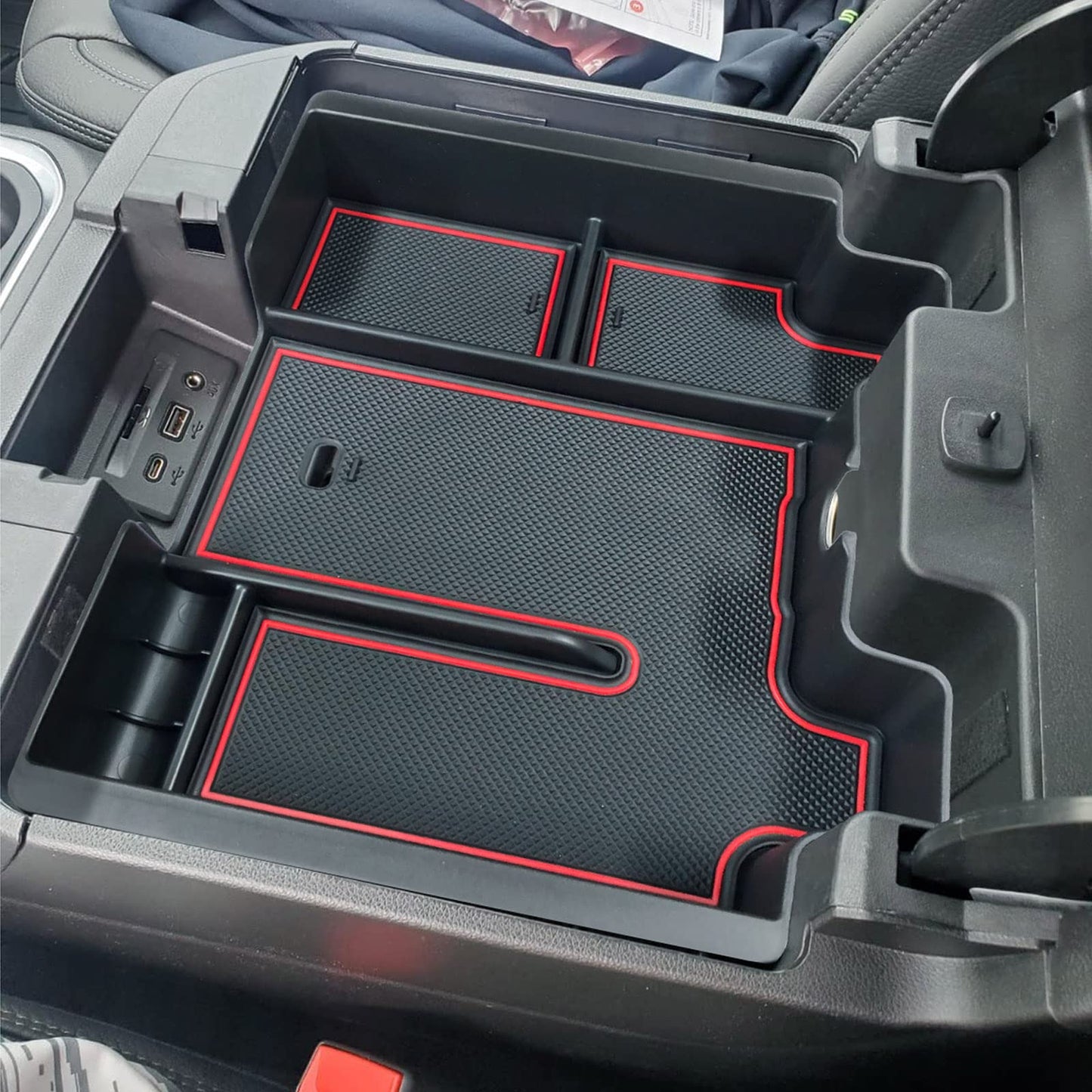 Full Size Center Console Organizer Tray Compatible with 2019-2022 Chevy Silverado/GMC Sierra 1500 and 2020-2022 2023 Silverado/Sierra 2500HD 3500HD Accessories -Full Console w/Bucket Seats ONLY, Red